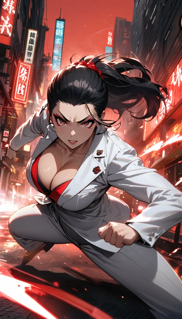 Yakuza female, white, black hair slicked back, large breasts, dressed in a full set of white suit and shirt, in fighting stance,Red light district city background