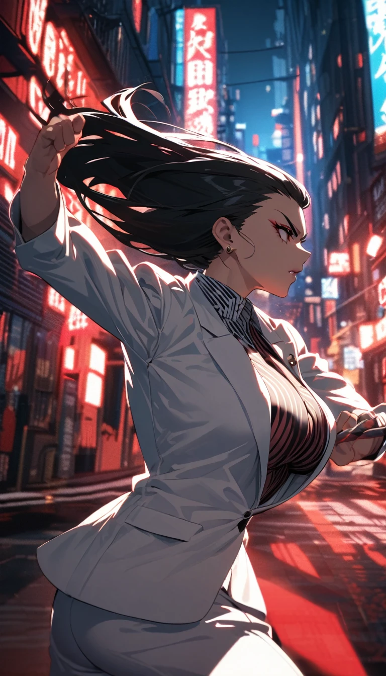 Yakuza female, white, black hair slicked back, large breasts, dressed in a full set of white suit and shirt, in fighting stance,Red light district city background