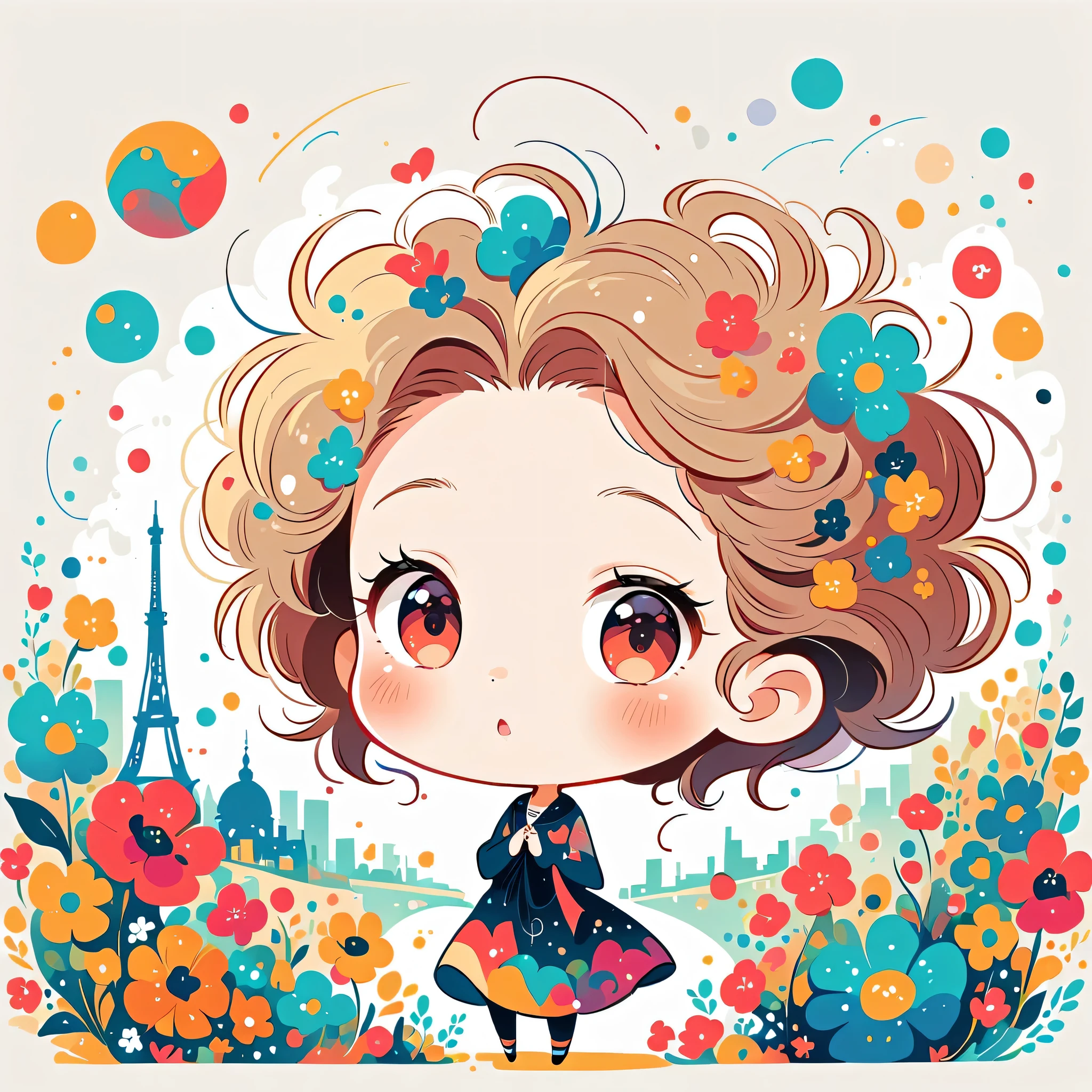 Hayao Miyazaki Style、The most beautiful girl of all time、Lips in Love、Colorful flowers、Simple line initials、Abstract art、Paris Background, (((chibi)))