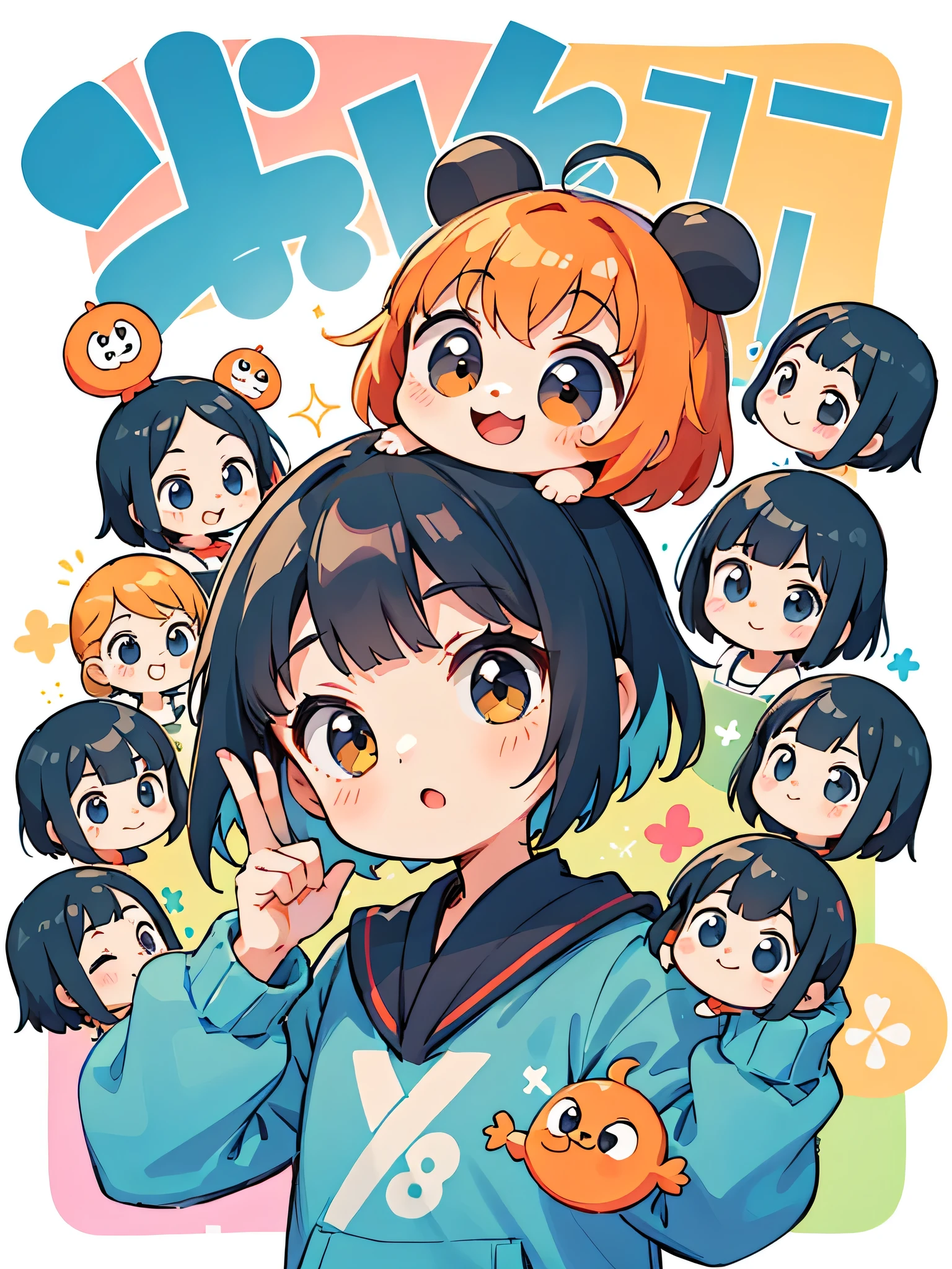 Yanase Takashi style、cute design、The most beautiful girl ever、Chibi、Colorful bob hair、(((Lots of friends)))、anpanman