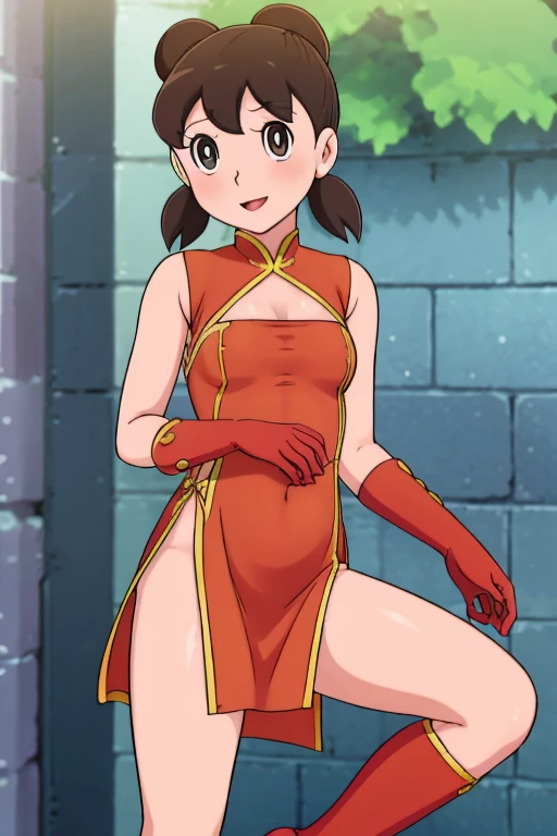 Gintama, Kagura, Orange hair, red dress, double bun, bun cover, china dress, chinese clothes, clevage,hot teen,smooth and shinny skin,knee boots, short sleeves, small breasts, Blue eyes, tree, (in_tree), on branch, v,, (masterpiece:1.3), (best_quality:1.3), (ultra_detailed:1.3), 8k, extremely_clear,, 1girl, solo, wide_shot,, outdoors,, insane details, intricate details, hyperdetailed, ultra detailed, extreme detailed, highest detailed, high_detail, colorful, beautiful, hdr, photorealistic, highres, ultra_high_res, photography, aesthetic, extremely_delicate,, seductive_smile,