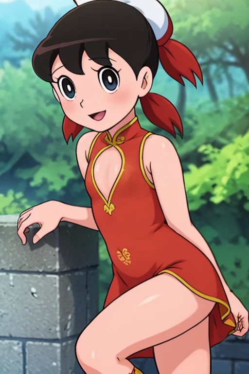 Gintama, Kagura, Orange hair, red dress, double bun, bun cover, china dress, chinese clothes, clevage,hot teen,smooth and shinny skin,knee boots, short sleeves, small breasts, Blue eyes, tree, (in_tree), on branch, v,, (masterpiece:1.3), (best_quality:1.3), (ultra_detailed:1.3), 8k, extremely_clear,, 1girl, solo, wide_shot,, outdoors,, insane details, intricate details, hyperdetailed, ultra detailed, extreme detailed, highest detailed, high_detail, colorful, beautiful, hdr, photorealistic, highres, ultra_high_res, photography, aesthetic, extremely_delicate,, seductive_smile,