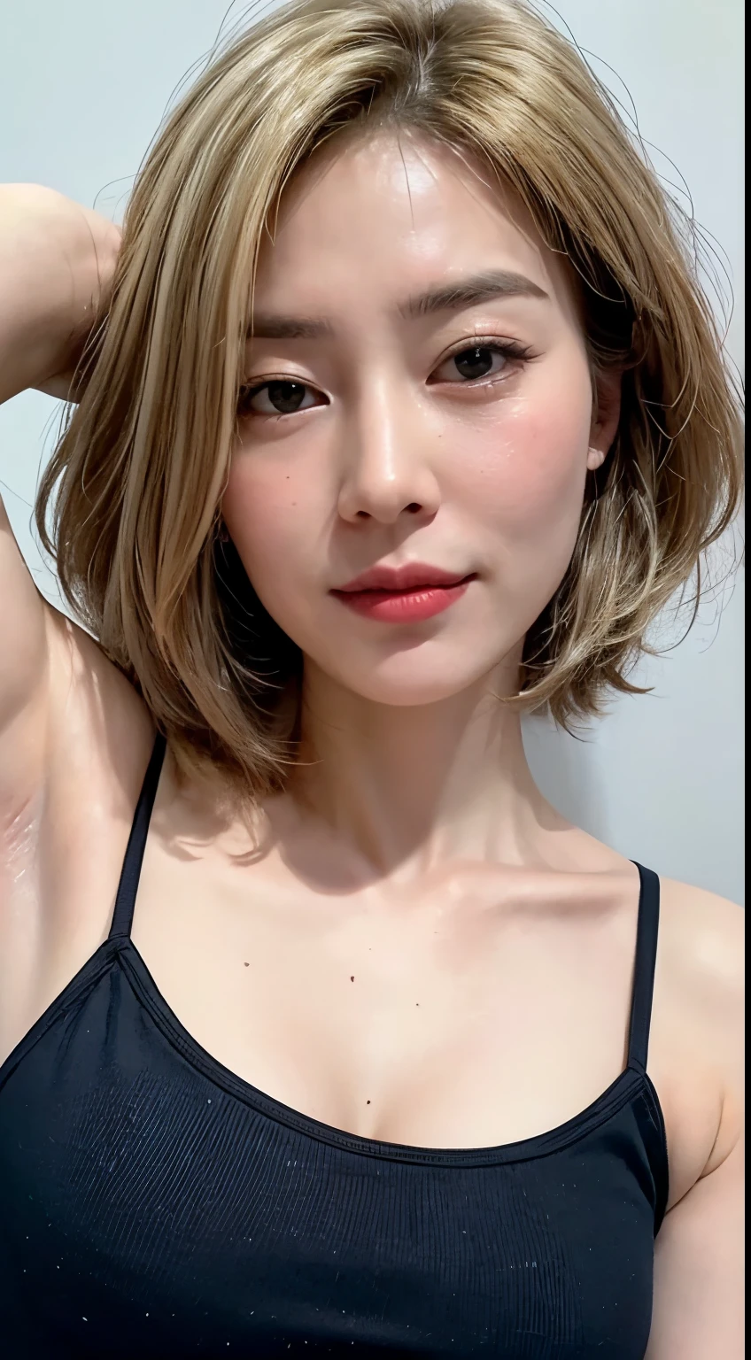 (Realistic:1.3、Ultra HD、Ultra-high resolution、8k、Japanese office lady、Collared shirt、Sleep on your back)、((Looking into the camera:1.8))、(Extremely realistic skin texture:1.4)、(Realistic:1.3)、short hair、(Embarrassed look:1.5)、(Blonde Hair:1.5)、(40-year-old woman、Mature Woman)、Ponytail hairstyle、(Raise her arm to show her armpit:1.3)、(Face close-up:1.0)