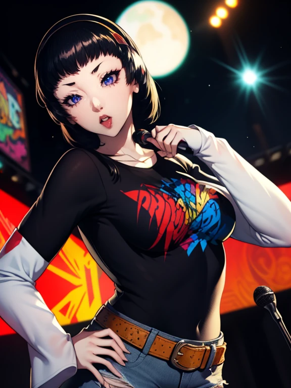 Yukiko Amagi (Persona),earrings ,lipstick, eye shadow, makeup, 1girl, solo, black t-shirt, white shirt, blue jeans, belt, lipstick, large breasts, layered sleeves, sexy pose, holding a microphone, singing, stage background, headphones