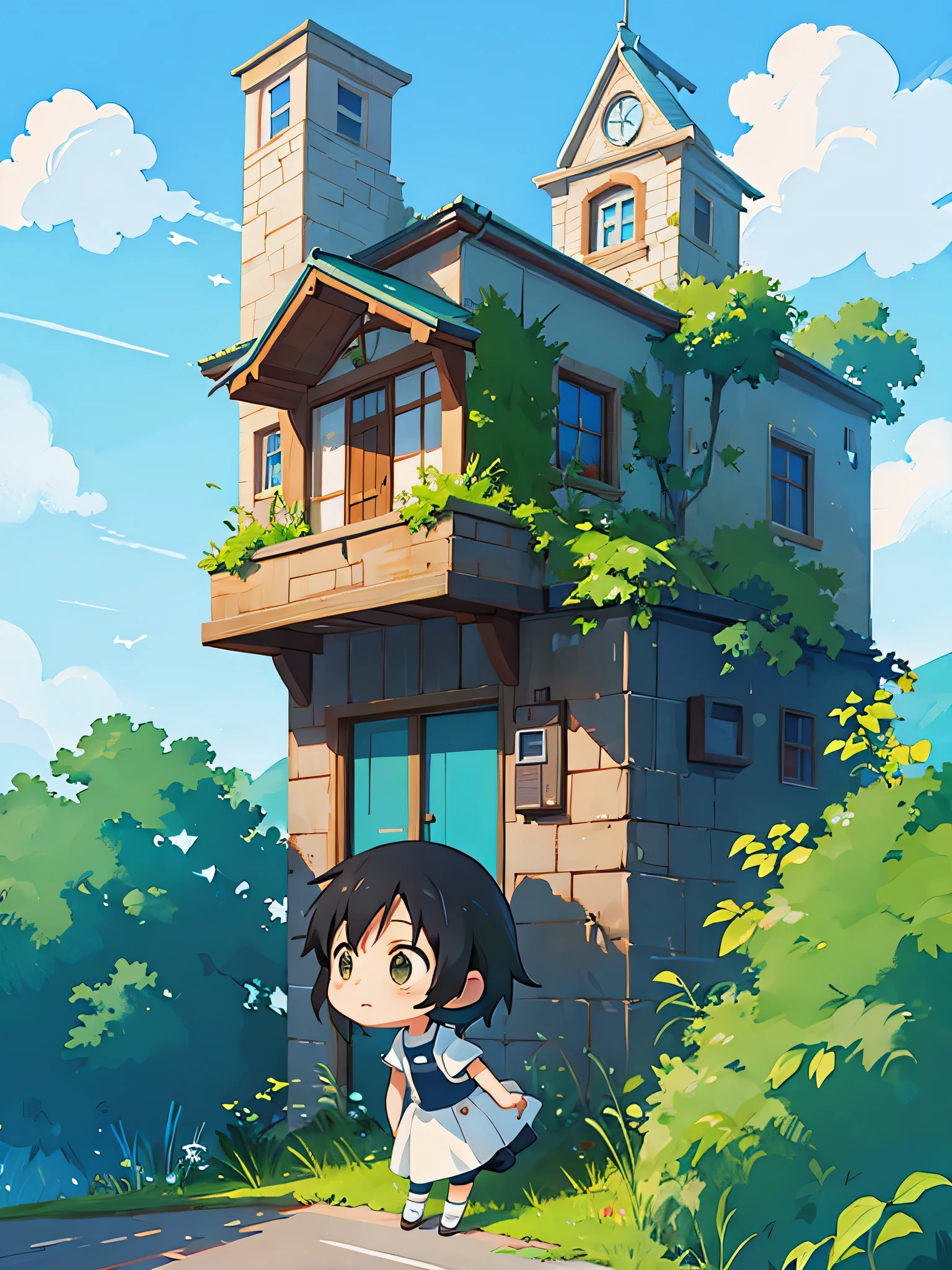 Makoto Shinkai style, Kawaii Design, most beautiful girl ever、Chibi, birdie、High walls