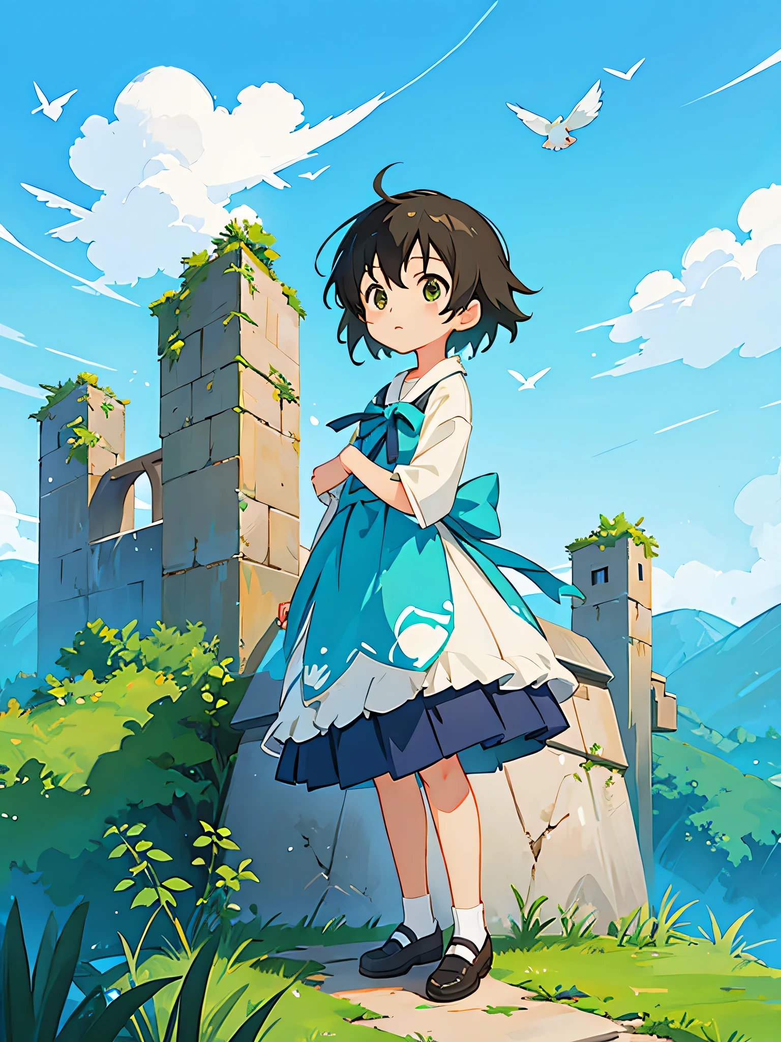 Makoto Shinkai style, Kawaii Design, most beautiful girl ever、Chibi, birdie、High walls