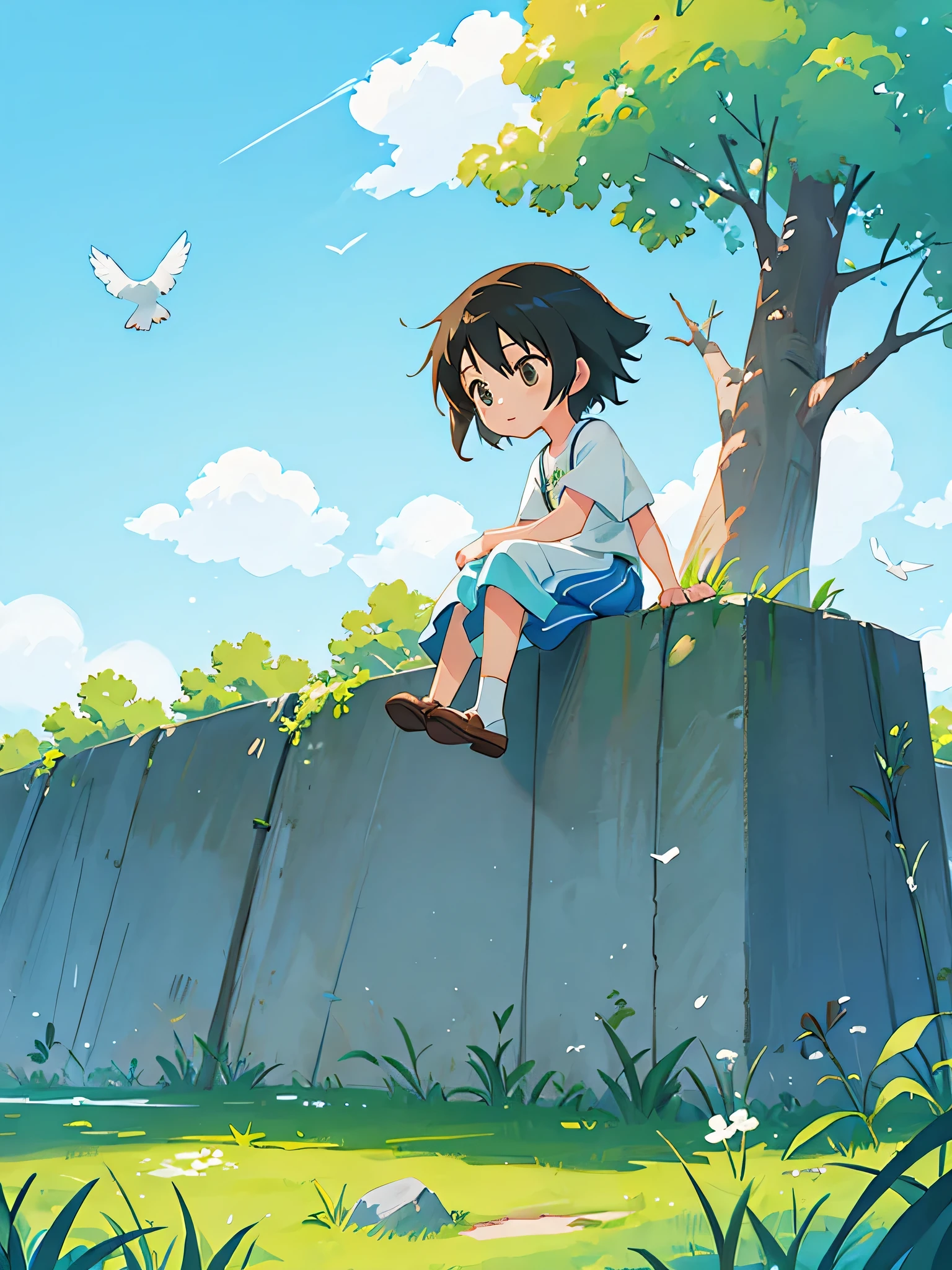 Makoto Shinkai style, Kawaii Design, most beautiful girl ever、Chibi, birdie、High walls