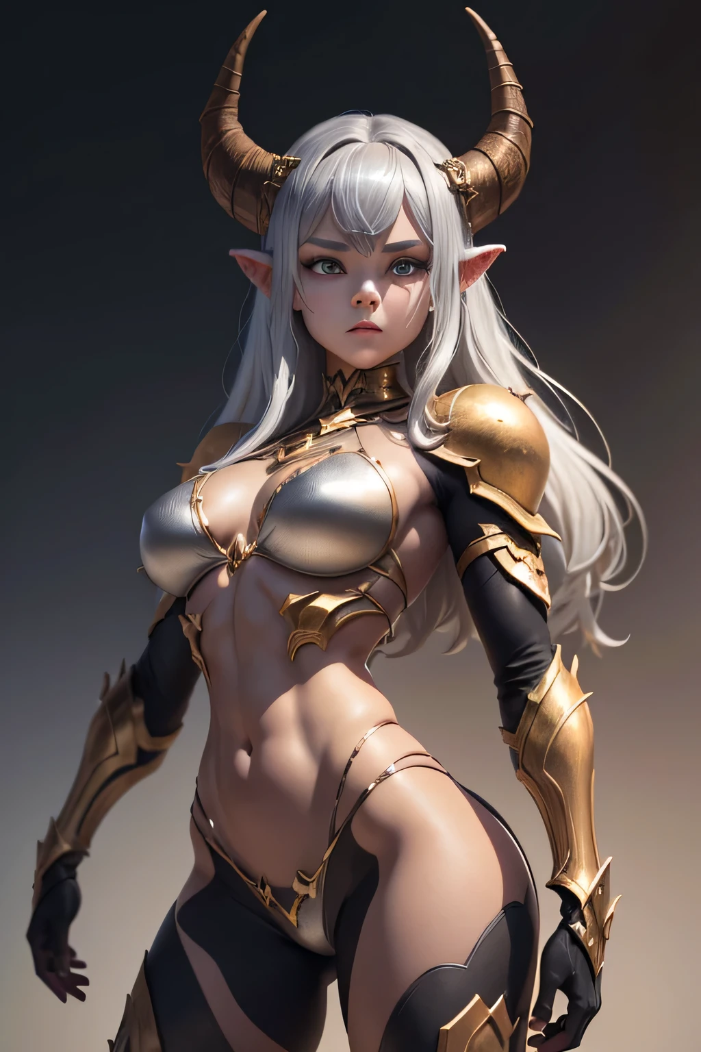 A bronze golem modeled after a demon girl.　There are horns on both sides of the head　Her hair color is silver　Skin is bronze　Design that looks like wearing bikini armor　Has a tail　Girl, UHD, retina, masterpiece, accurate, anatomically correct, textured skin, super detail, high details, high quality, award winning, best quality, highres