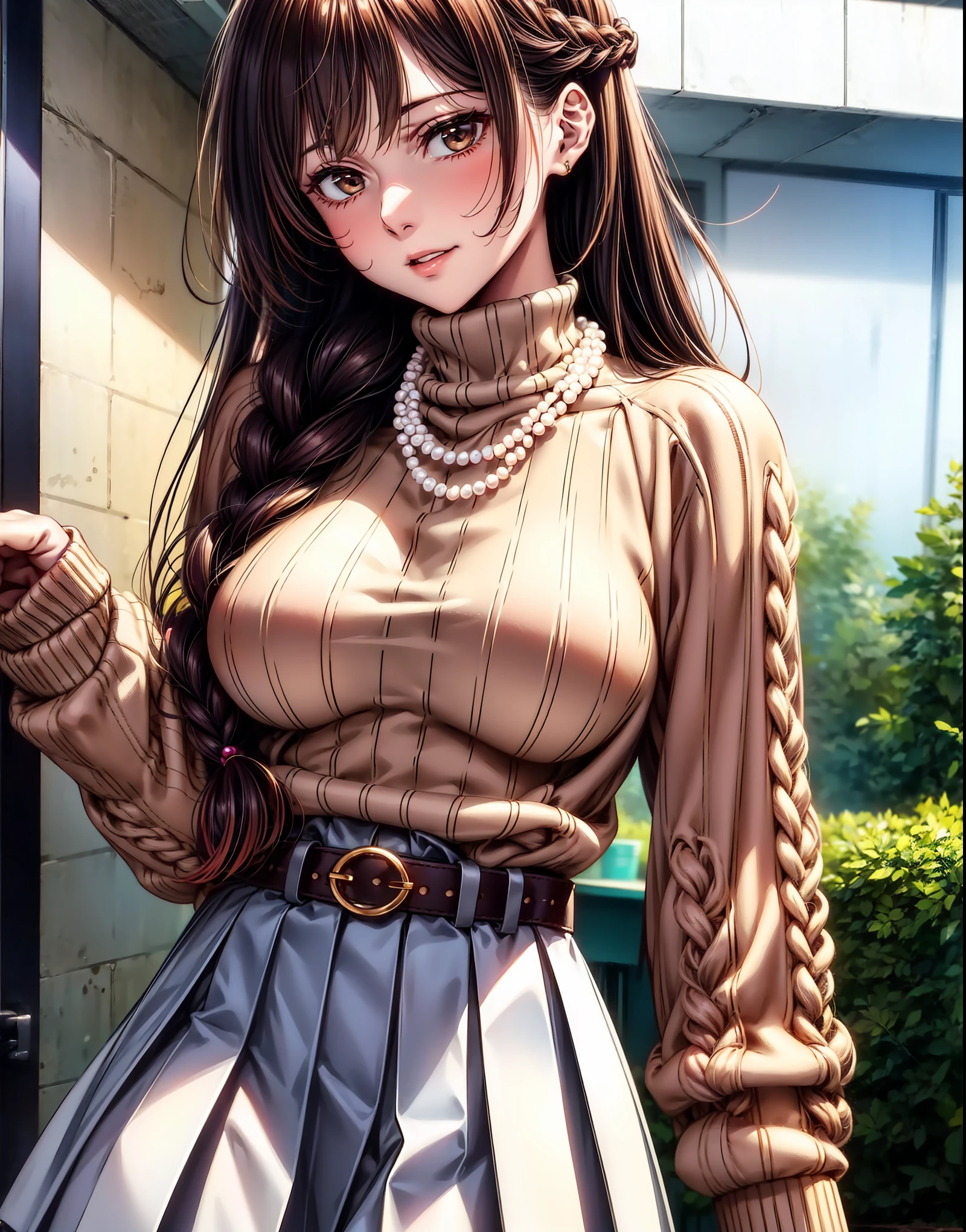 (top-quality、tmasterpiece、Very high resolution、super high image quality、High-quality pixels)、perfect eyes, perfect face, solo,8K, F cup breast,(Detailed description of hair), (Detailed description of face),(Detailed description of body), fair and clear skin, matchless beauty, long legged, facing the audience, professional photographic lighting,detailed brown eyeballs, dark brown hair,cowboy shot,girlfriend style,gentle expression,braid, pleated_skirt, parted_lips, belt, indoors, necklace, sweater, turtleneck, one_side_up, white_skirt, grey_skirt, ribbed_sweater, beads, turtleneck_sweater, door, bead_necklace, red_sweater, pearl_necklace,girlfriend stare,closed mouth smile