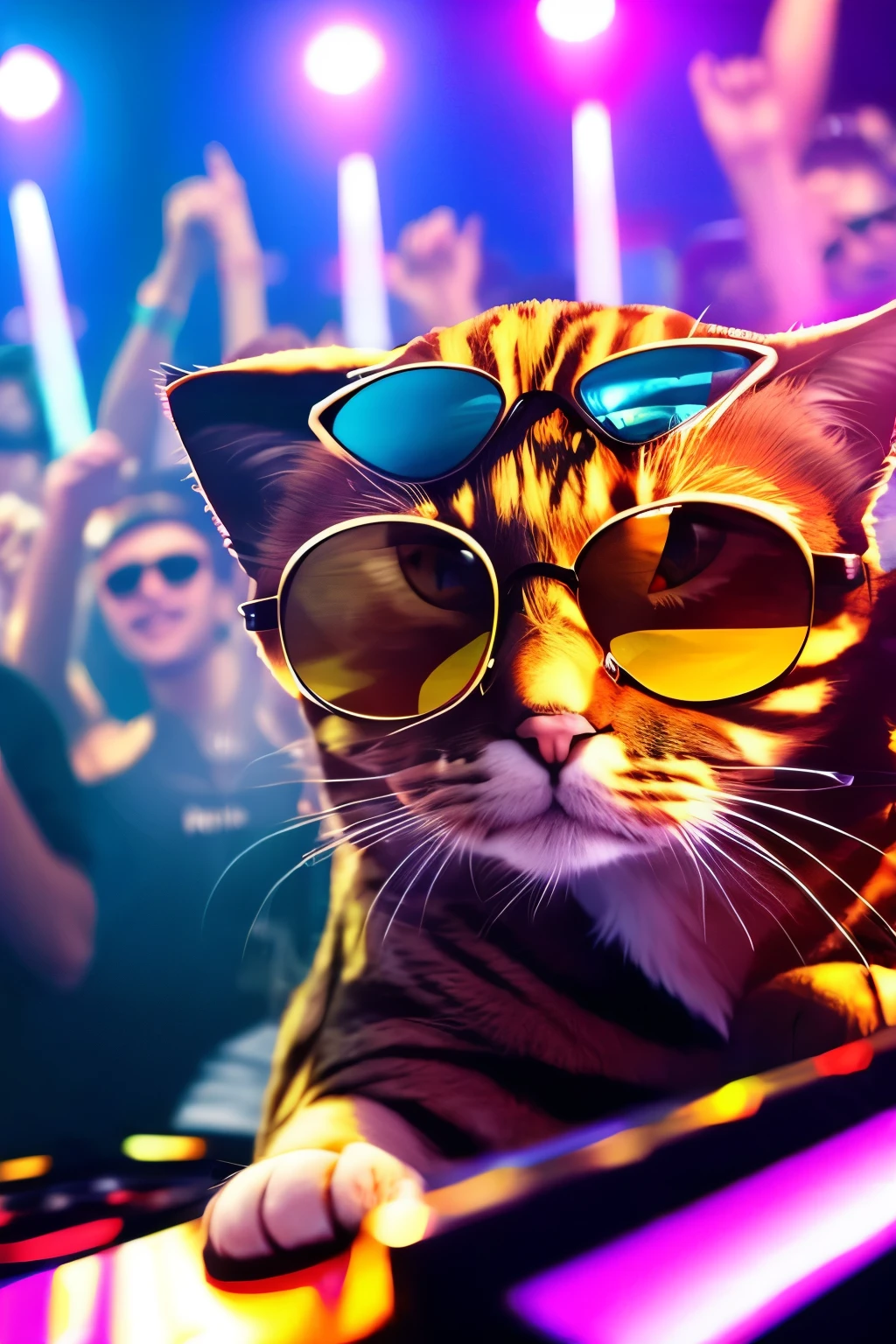 cat wearing sunglasses,DJ on stage at a club,Lots of people in the crowd getting into the groove