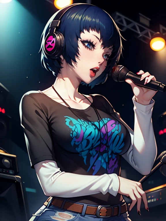 Naoto Shirogane (Persona),earrings ,lipstick, eye shadow, makeup, 1girl, solo, black t-shirt, white shirt, blue jeans, belt, lipstick, large breasts, layered sleeves, sexy pose, holding a microphone, singing, stage background, headphones