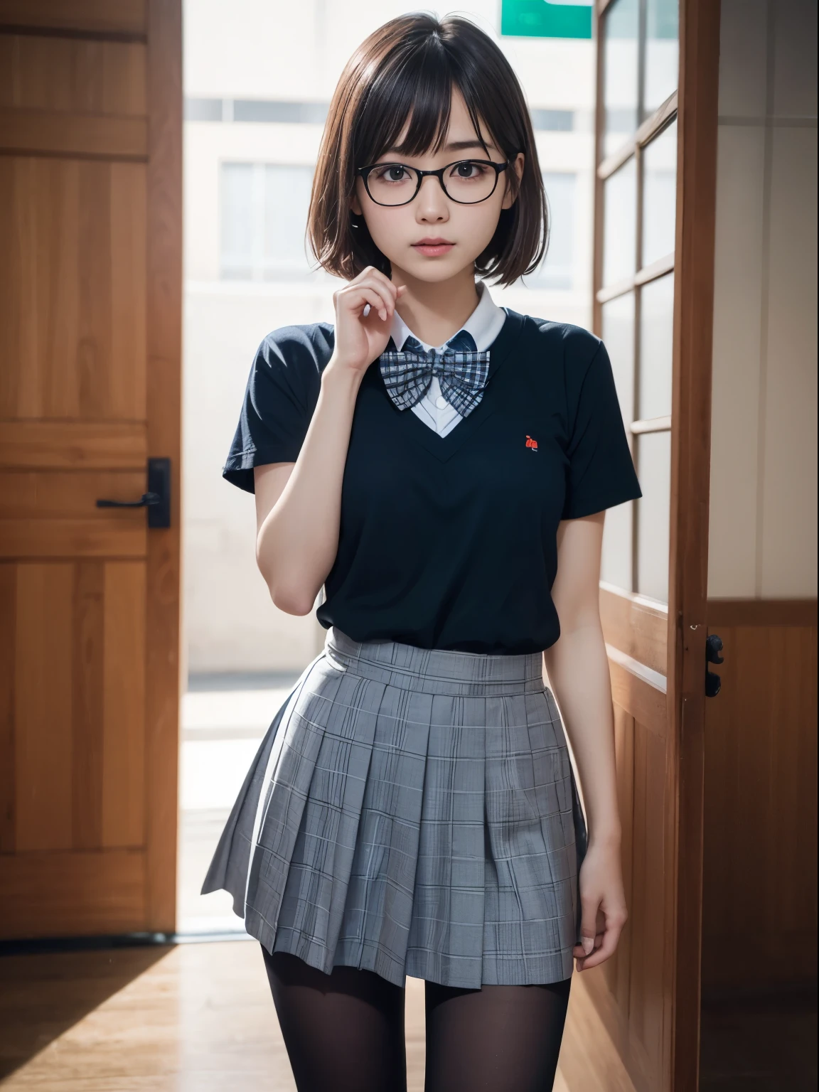 (8K、RAW shooting、Highest quality、masterpiece:1.2),Short Bob、strong、Erotic,pupil,Kune,(Black Pantyhose),Disorganized,Small face,,Flat chest,Parting the bangs from the middle、The forehead is visible,(Cold look,Tight eyes,Glare,strong,Are thin,File crying,irascible)、masterpiece,Highest quality,Ultra-high resolution,生photograph,Benevolence,Beautiful shit,one person, solo,Glasses,,Dark look、Small breasts、丸Glasses、cute、JK、high school girl、Japanese women、Are standing、(PhotoReactive:1.37)、Photon Mapping、Realistic、Cute little face、Brown eyes、Black socks、(Red bow tie)、Radio City、Physically Based Rendering、prospect、Depth of written boundary、Blurred Background、photograph、girl、body、Beautiful feet、Long legs、Thin legs、(I can see the bangs)、 hair、lips、Blue_The目、nose、(Light blue shirt)、(Navy and blue checkered pleated skirt)、I can see your knees、See-through clothing、Thighs、Black cotton socks、Nogizaka Idol、、Japanese Ido