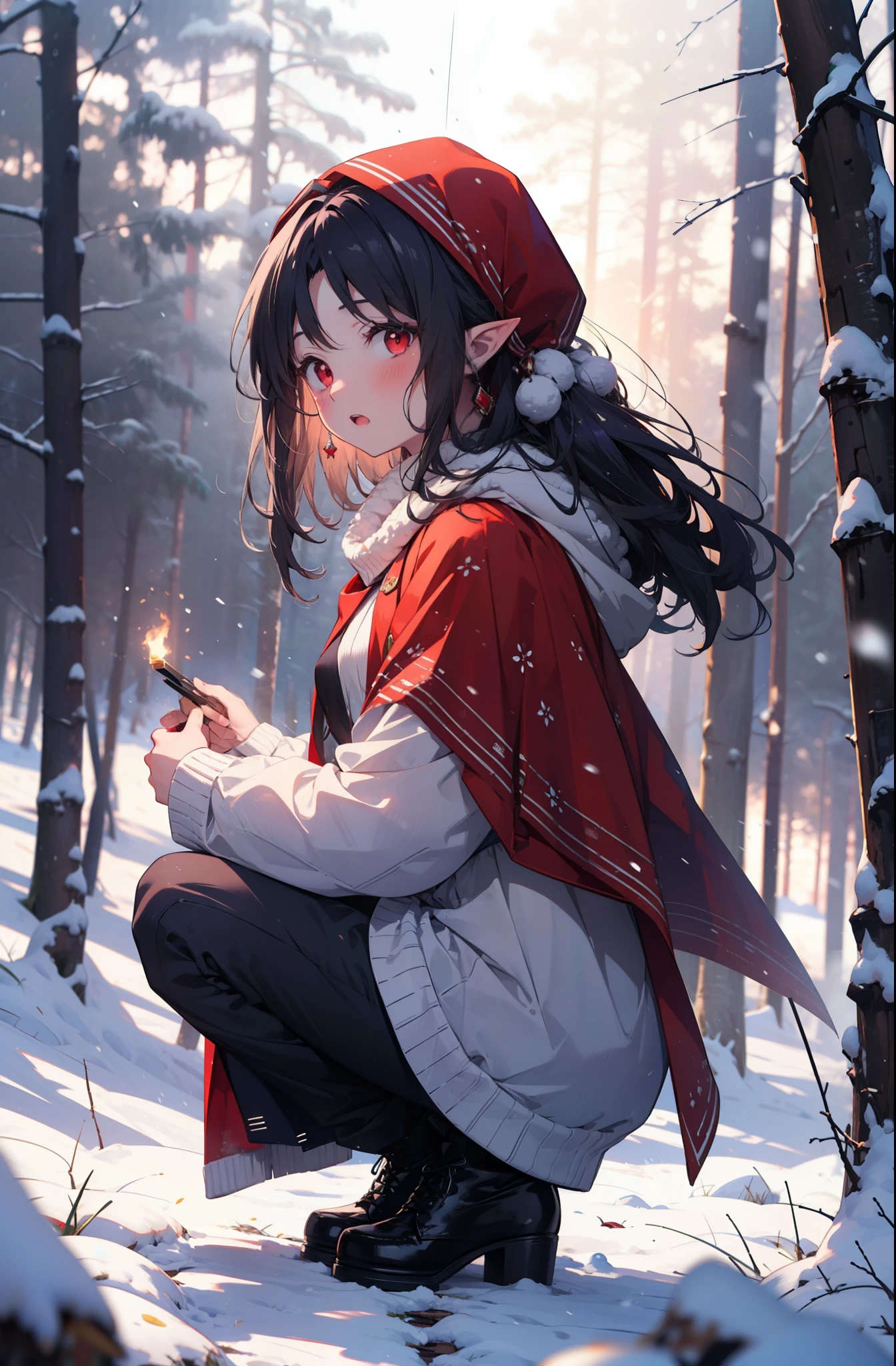 yuukikonno, Yuki Konno, hair band, Long Hair, Pointy Ears, Purple Hair, (Red eyes:1.5), (Small breasts:1.2),blush,White Breath, Open your mouth,snow, Bonfire, Outdoor, boots, snowing, From the side, 地面でBonfireをしている,wood, suitcase, Cape, Blurred, forest, nature, Brown eyes, , Squat, Mouth closed, ,Cape, winter, Written boundary depth, Black shoes, red Cape
break looking at viewer, Upper Body, whole body,
break Outdoor, forest, nature,
break (masterpiece:1.2), highest quality, High resolution, unity 8k wallpaper, (shape:0.8), (Beautiful and beautiful eyes:1.6), Highly detailed face, Perfect lighting, Highly detailed CG, (Perfect hands, Perfect Anatomy),