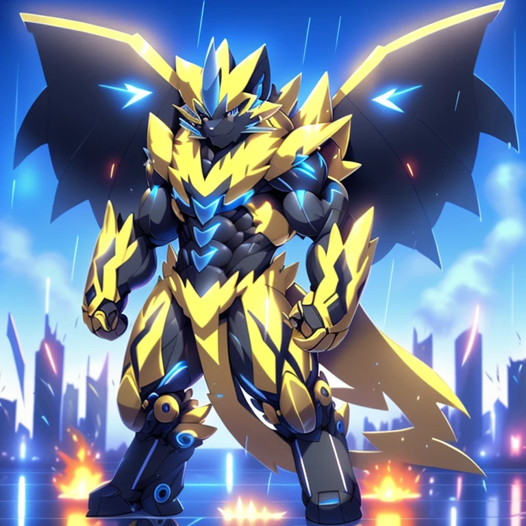 gigantic 10 storey tall zeraora holding huge assault rifles on both, hands with large shoulder missile launchers and a plasma blade, high detail, standing in a rainy city, 8k, high resolution, giant mechanical Muscular Zeraora,
giant mechanical Muscular Zeraora is trampling the city, Zeraora is over 1000 meters long. Additional details: (masterpiece, official art, 8k, best quality) terrifying and imposing design, (smoke and flames rising from the destruction in the background, a lone figure) (high-tech bio-mecha armor, real texture material), (gigantic muscles, Gigachad Muscular, big muscle, pecs, triceps, traps, unusually developed muscular body, body full of huge muscles. showing off muscles, pectorales enormes, Exaggeratedly huge muscles.),
(whole body shines like metal, Wearing cyberpunk mecha, emphasizes the muscles, suit fully made of metal, intricate armor, Robotic suit, suit fully made of metal, cyborg), (Spread wings, It has wings, have big wings, golden wings), (giant zeraora, Zeraora's giant robot, Powered exoskeleton with the same design as Zeraora), gundam,