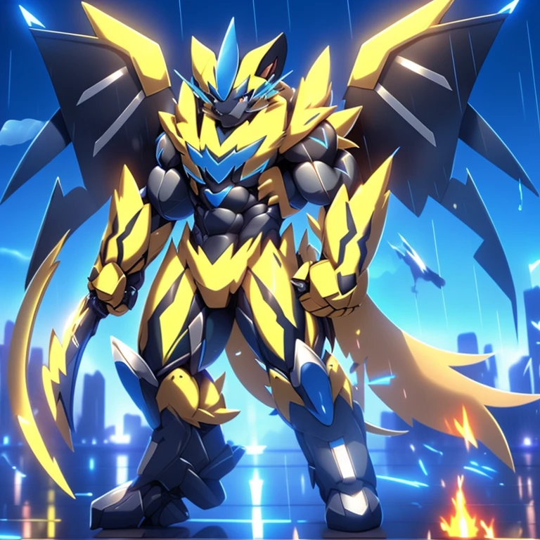 gigantic 10 storey tall zeraora holding huge assault rifles on both, hands with large shoulder missile launchers and a plasma blade, high detail, standing in a rainy city, 8k, high resolution, giant mechanical Muscular Zeraora, 
giant mechanical Muscular Zeraora is trampling the city, Zeraora is over 1000 meters long.   Additional details: (masterpiece, official art, 8k, best quality) terrifying and imposing design, (smoke and flames rising from the destruction in the background, a lone figure) (high-tech bio-mecha armor, real texture material), (gigantic muscles, Gigachad Muscular, big muscle, pecs, triceps, traps, unusually developed muscular body, body full of huge muscles. showing off muscles, pectorales enormes, Exaggeratedly huge muscles.),
(whole body shines like metal, Wearing cyberpunk mecha, emphasizes the muscles, suit fully made of metal, intricate armor, Robotic suit, suit fully made of metal, cyborg), (Spread wings, It has wings, have big wings, golden wings), (giant zeraora, Zeraora's giant robot, Powered exoskeleton with the same design as Zeraora), gundam,