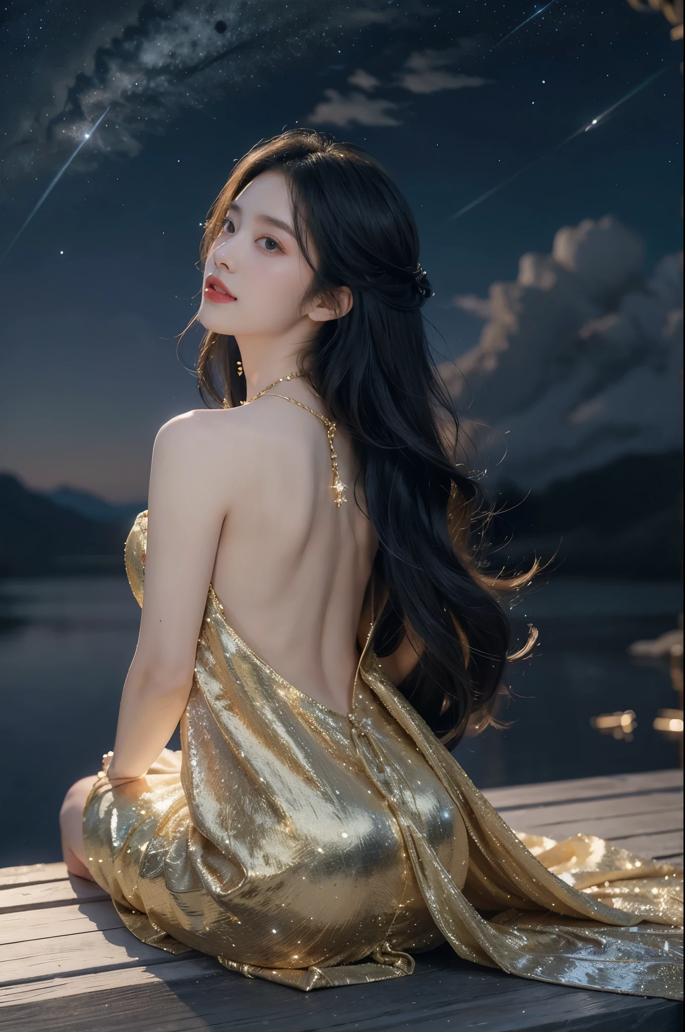 a beautiful girl,gorgeous dress,sitting,on the moon,detailed background of the moon,Moon Goddess,Beautiful Celestial Mage,Goodness of Heaven, Celestial Fairy,very Beautiful fantasy art,8k high quality detailed art,medium straight bob hair,crystal necklace,slim,thin,bare back,towering hips,butt crack,best quality,masterpiece,starry sky,night scene,upper body,laughing,realistic,from back