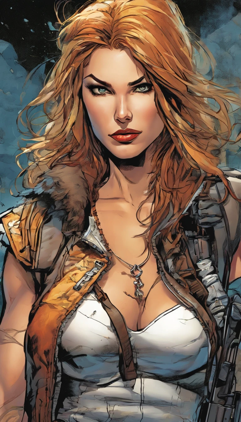 a post-apocalyptic warrior woman,35 years old,almost naked,Simon Bisley style,cover of Heavy Metal magazine,hair half black half white,minimal clothing,short clothes,detailed realistic skin,muscular body,intense gaze,cinematic lighting,dramatic shadows,vibrant colors,dystopian atmosphere,(best quality,8k,highres,masterpiece:1.2),ultra-detailed,(realistic,photorealistic,photo-realistic:1.37),cinematic,dark fantasy,gritty,moody