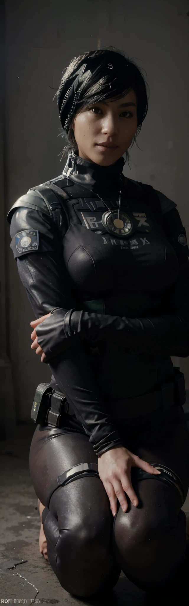 55kg woman Dokkaebi from r6,figure hugging bodysuit, rainbow six siege Dokkaebi, dark walls, no sunlight only light from screens, high quality, squatting, big thighs