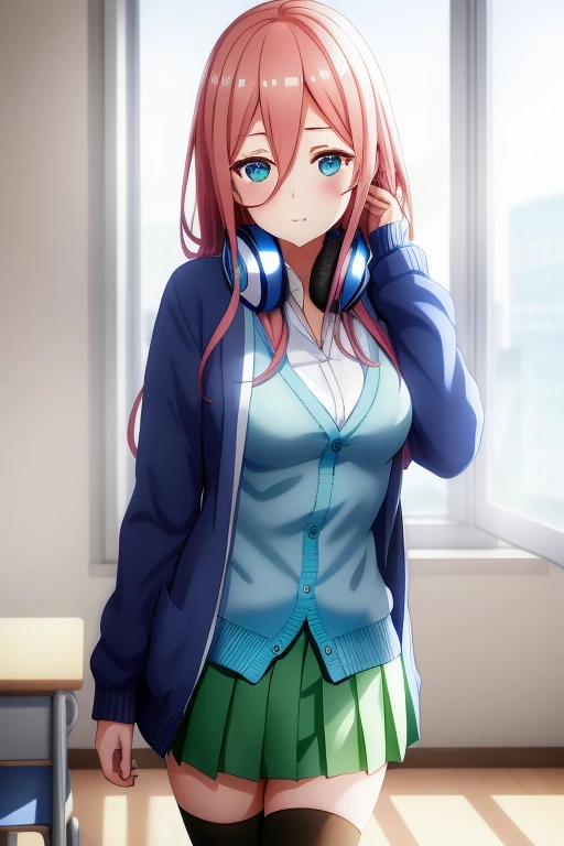 pixel-Miku, 1girl, , headphones, (blue cardigan, cardigan:1.2), jacket, (white shirt:1.2), green pleated skirt, black thighhighs, classroom, masterpiece, best quality, photorealistic, realistic, (RAW photo, 8k uhd, film grain), caustics, subsurface scattering, 