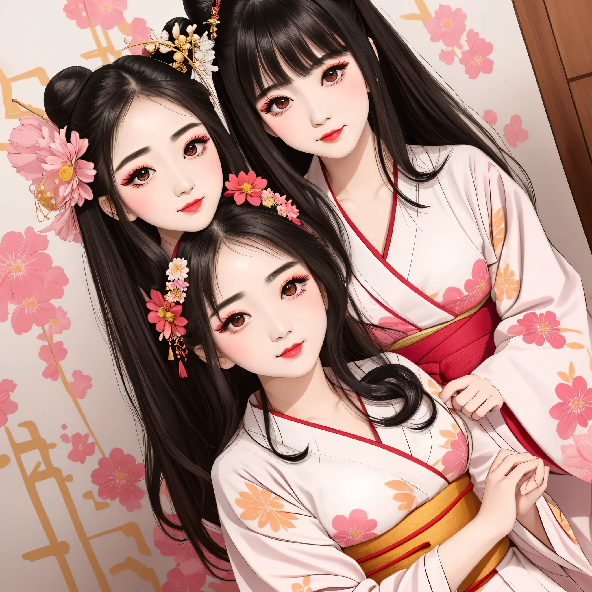 Each has a different expression２People and sisters、(２ girls）、｟Dancing traditional arts with grace)、((Big Breasts、Small Face、Not exposed))、highest quality、masterpiece、（Black Hair、Bun Hair）、Brown Eyes、｟Wide angle、Angle from above the waist、Pause on the magazine cover、Their gazes are different, gazing into the distance｠、(８K High Quality、masterpiece、High resolution、Realistic and beautiful light and shadow、(highest quality)、(High Resolution)、(Very delicate and beautiful)、(Beautiful 8k face)、(With a smile、Beautiful eyes)、(Clear skin)、(Soft hair)、(８Head to Body)、(A Japanese style yukata kimono with red, pink and orange floral patterns on a white background, interspersed with gold powder、Wearing a yukata２Beautiful Japanese girls)、((Tanabata decoration background))、((Small Face))、(arms up)、Thin and small nose、（Red lipstick）、（Make your cheeks red）、（Glossy skin）、((Ink painting style))、Very thin eyebrows、Overall ultra-high image quality、（She is wearing maiko-style makeup.）、Whitening、Long and beautiful eyelashes、Glowing Skin、（Red cheeks）,Straight nose、masterpiece、highest quality、whole body、 Eyebrows visible through hair、Bun Hair、Grin、Gal、Gal、Viewer&#39;s Eyes、Plaid、Stylish、woman、fine、Pause、
Waiting to start 
