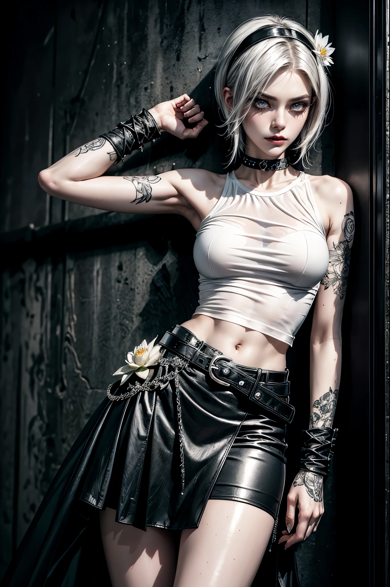 (Detailed illustrations, Very detailed and detailed drawing, Delicate lines with slow and rapid, Realistic texture expression), One woman with very short white hair with black tips, ( emo hairstyle, ), goth, pale white skin, evil smirk, (girls bedroom background), dark lighting, cold atmosphere, lore_Emma , pink eyes , dark eyeliner, (ultra dark glossy black lipstick), bored expression, gorgeous face , super cute, 18 years old , hyper detailed face, (super skinny figure , medium breast, thin waist), back leaning against wall, slim legs, slim hips, LowriseXL, (ultra low rise wet look shiny leather skirt with transparent flower pattern), (mesh shirt with flower pattern under (white transparent loose silk t-shirt) with bare shoulders), black choker, vulva tattoo, black hairband, (white lotus flower in hair), ((flower pattern tattoo)), fingerless leather gloves, (black nail polish), faded tattoo's, ((thigh belt)), ((hip chains)), ((belt hanging on hip)), ((many studded belts)), (((right arm back against wall))), (((left hand behind head))), (((right hand clenched into a fist))), (((navel piercing))), (white lotus flower on belt)