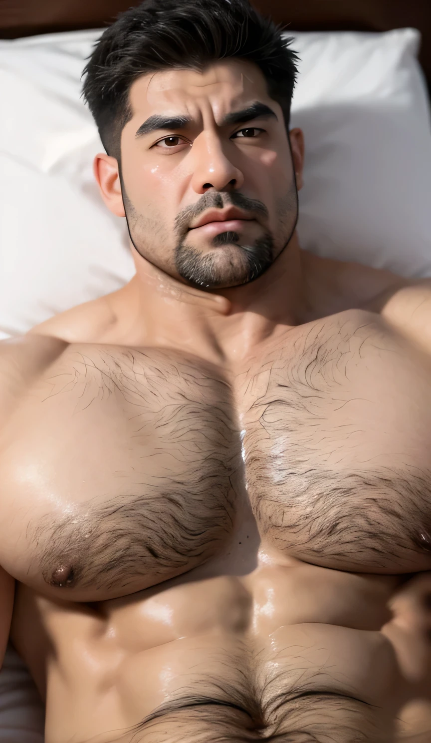 Hulk muscular uncle,nice,big breasts slightly fat,Short beard,Thick eyebrows,Brush Cut,Have chest muscles,black,black calf socks,Full body picture,Showing off chest muscles,Chest hair on the pectoral muscles,Lying in bed,Lying on your back,Sweat all over the body,black tie