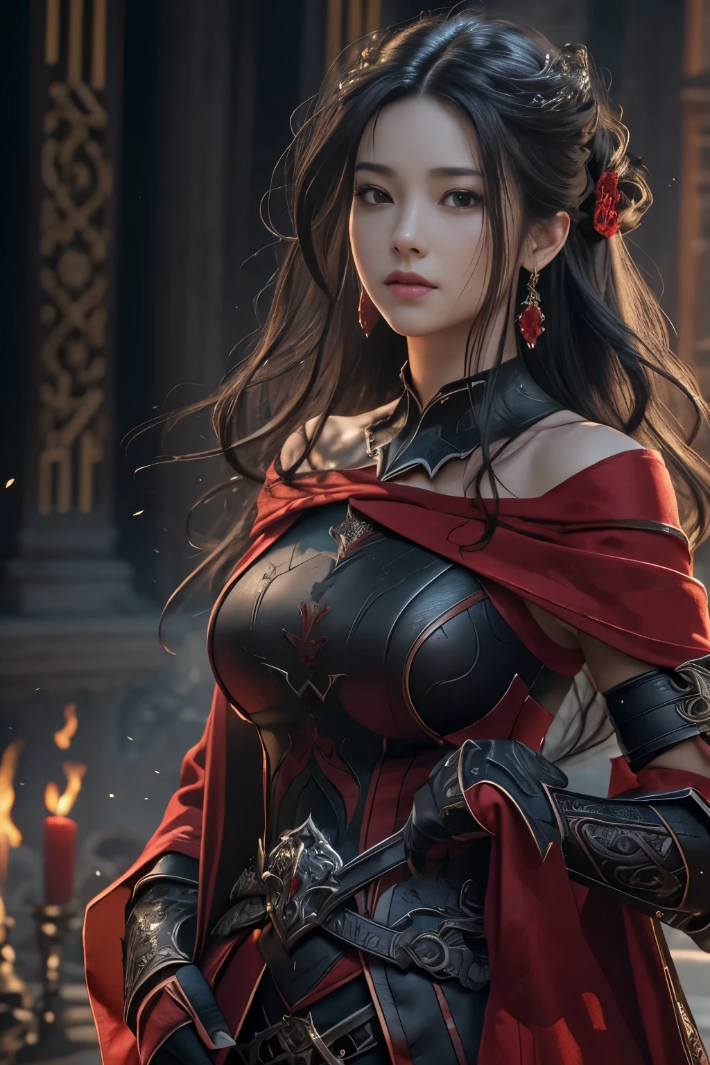 beautiful detailed background, octane render, 8k, best quality, masterpiece, illustration, extremely delicate and beautiful, detailed, extremely detailed,CG, unity, wallpaper, Amazing, fine detail, realistic art: 1.2 ,masterpiece, best quality, official art, extremely detailed CG unity 8k wallpaper,1girl, (((long black straight hair,))), dark knight, red eyes, beautiful face, upper body,(black Armor and red robe,) looking at view, realistic photo, Evil laugh,(hiqcgbody) ,perfect female figure,earring, narrow waist, huge firm boucing bust, (looking at view), alluring,prestige,(fire,indoor,ruins)