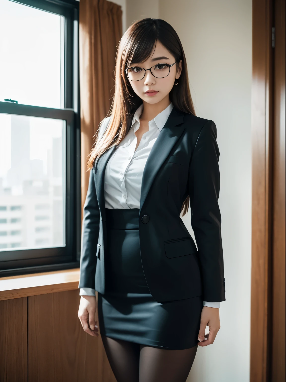 (alone、solo)、A 20-something office lady in an office uniform poses for a photo、(Black Pantyhose)、(Half Up)、victory、Tsundere、Single knot、OL、suit、Blue mall face、anger、、Glasses、Slim girl model photo、Body:The smallest middle-aged man in history、Female Model、Japanese female fashion model、(8K、RAW Photos、Highest quality、masterpiece:1.2)、(Real、Photorealistic:1.37)、Ultra high definition、Ultra high definition、Office Street、Standing position、whole body、((((SEXY)))
