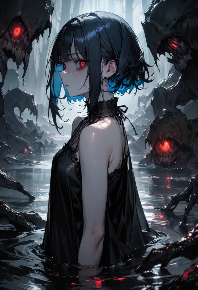 1 Girl, One, Red eyes, black sclera, short hair, black hair, dyed inner hair, blue hair, sidelocks, black chemise dress, bare shoulders, hands at sides, upper body, I look at the viewer, Squinted eyes, serious, shaded face, bags under the eyes, бthe forestтящие глаза, , River, partially submerged, the forest, night, декорации horrorов, horror, black monsters around, facing right, masterpiece, check_9, check_8_up, check_7_up