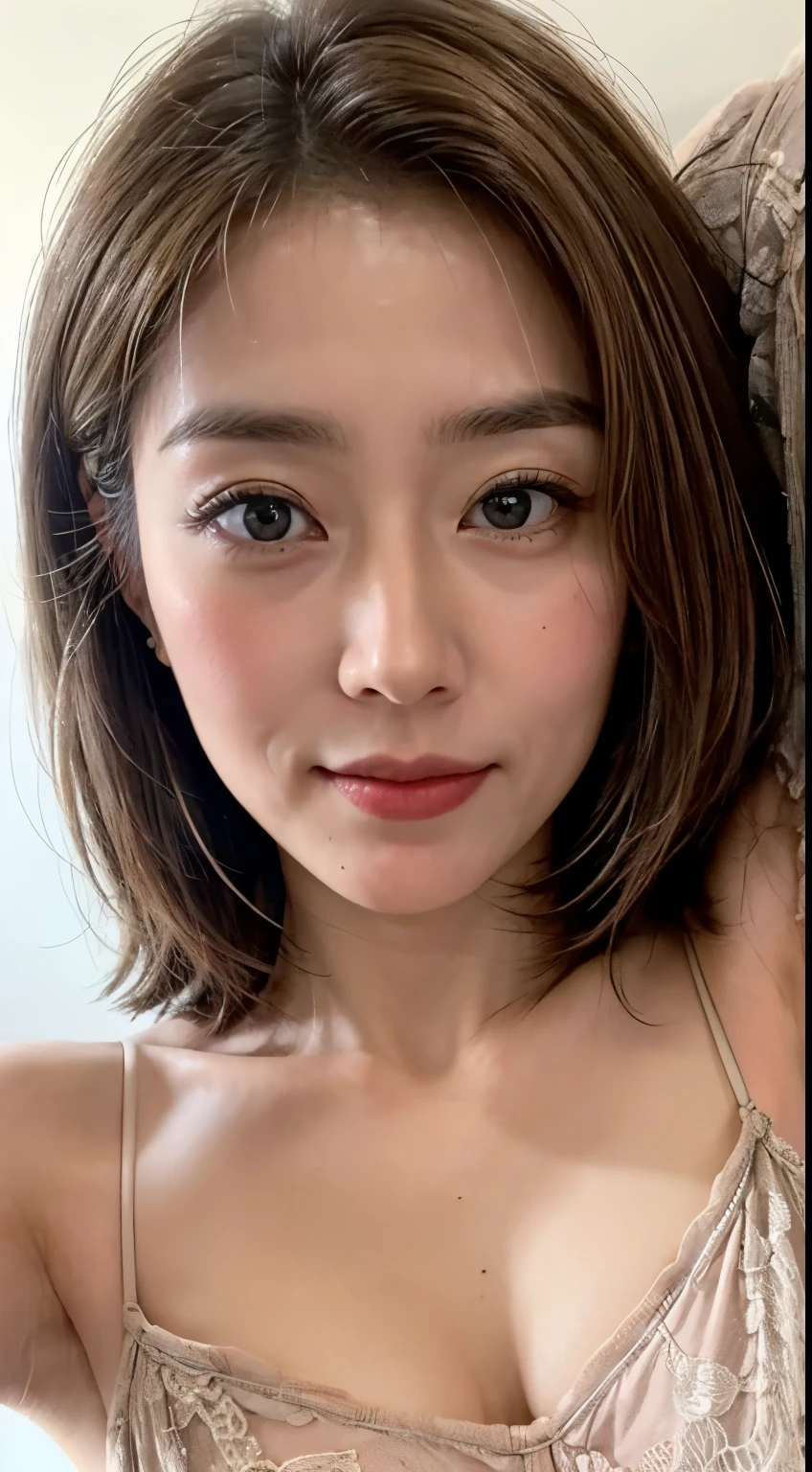 (Realistic:1.3、Ultra HD、Ultra-high resolution、8k、Japanese office lady、Collared shirt、Sleep on your back)、((Looking into the camera:1.8))、(Extremely realistic skin texture:1.4)、(Realistic:1.3)、short hair、(Embarrassed look:1.5)、(Blonde Hair:1.5)、(40-year-old woman、Mature Woman)、Ponytail hairstyle、(Raise her arm to show her armpit:1.3)、(Face close-up:1.0)