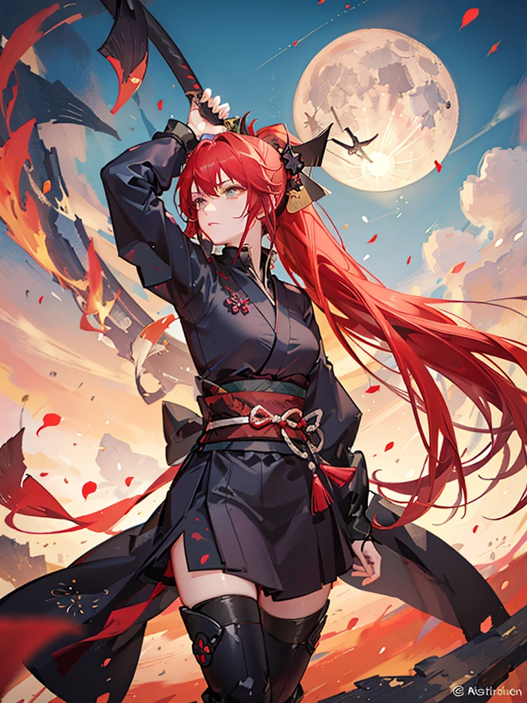 Top quality, masterpiece, Edo castle in the distance, night, big full moon, girl, kunoichi ninja, red kunoichi costume, throwing shuriken, red hair, hair tied up, cowboy shot