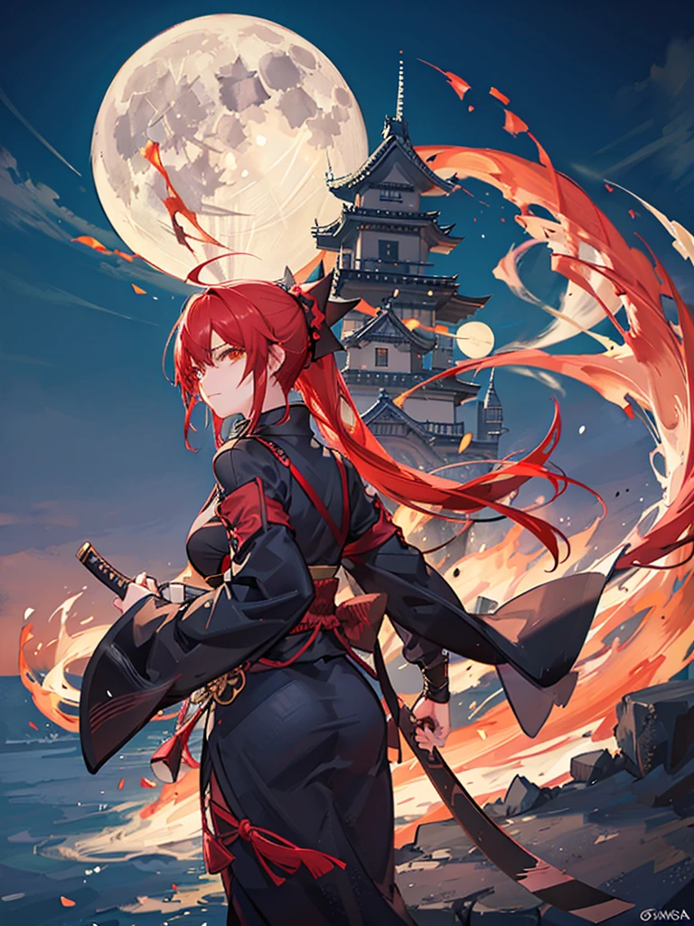 Top quality, masterpiece, Edo castle in the distance, night, big full moon, girl, kunoichi ninja, red kunoichi costume, throwing shuriken, red hair, hair , cowboy shot