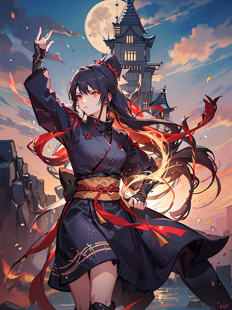 Top quality, masterpiece, Edo castle in the distance, night, big full moon, girl, kunoichi ninja, red kunoichi costume, throwing shuriken, red hair, hair tied up, cowboy shot