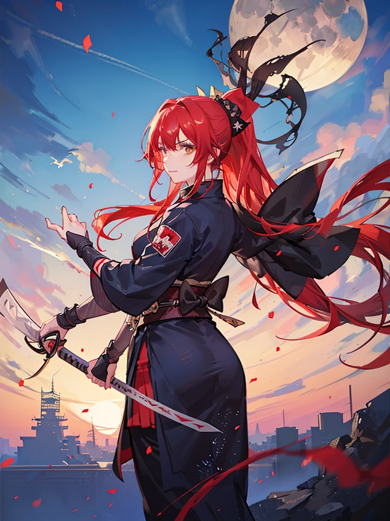 Top quality, masterpiece, Edo castle in the distance, night, big full moon, girl, kunoichi ninja, red kunoichi costume, throwing shuriken, red hair, hair tied up, cowboy shot