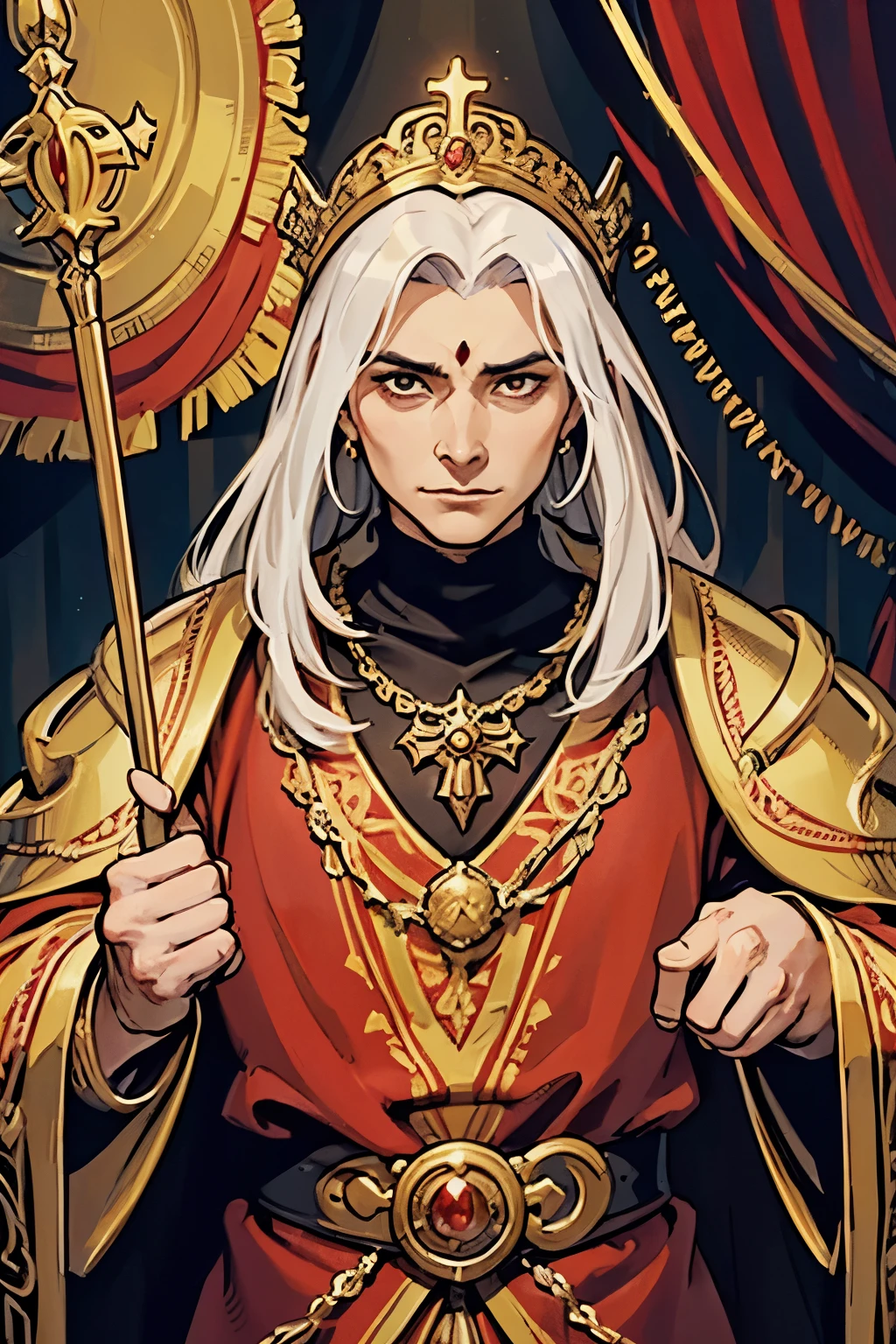 (masterpiece:1.1),(best quality:1.1),extremely detailed,(original design:1.1),(unique accessories:1.1),(medieval fantasy:1.1),professionally retouched,(close-up:1.1),(male:1.1),(holy:1.2),(divine:1.2),(old:1.3), A regal figure, exuding a sense of holy and divine lineage, stands tall as an old black and red king. This majestic individual oozes power and authority, with a hint of age and wisdom woven into their presence. The image, possibly a painting, captures the royal bloodline's strength and legacy in a strikingly vivid manner. The king's royal robes are a rich, deep black, with accents of bold red that speak of power and passion. The intricate details of their regal attire showcase the high level of craftsmanship in the image, immersing the viewer in the grandeur of the monarch's noble lineage.