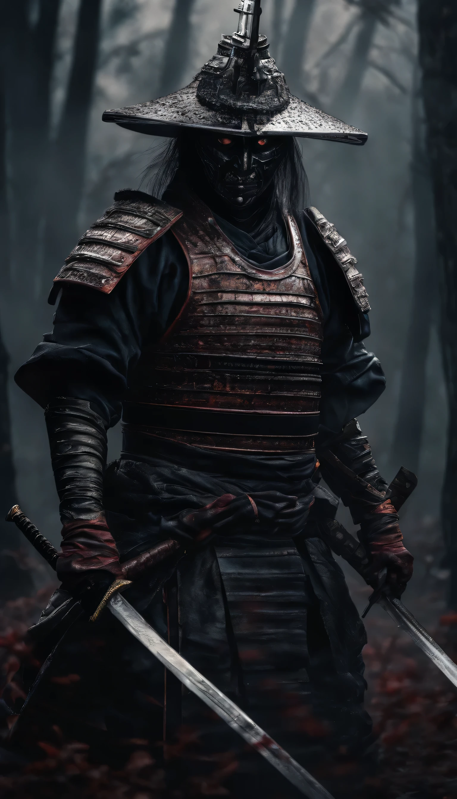 (best quality,4k,8k,highres,masterpiece:1.2),ultra-detailed,realistic:1.37,a samurai in the Sengoku period of Japan,wearing complete samurai armor,black samurai mask,holding a sharp samurai sword,the intense sense of oppression,glowing red eyes