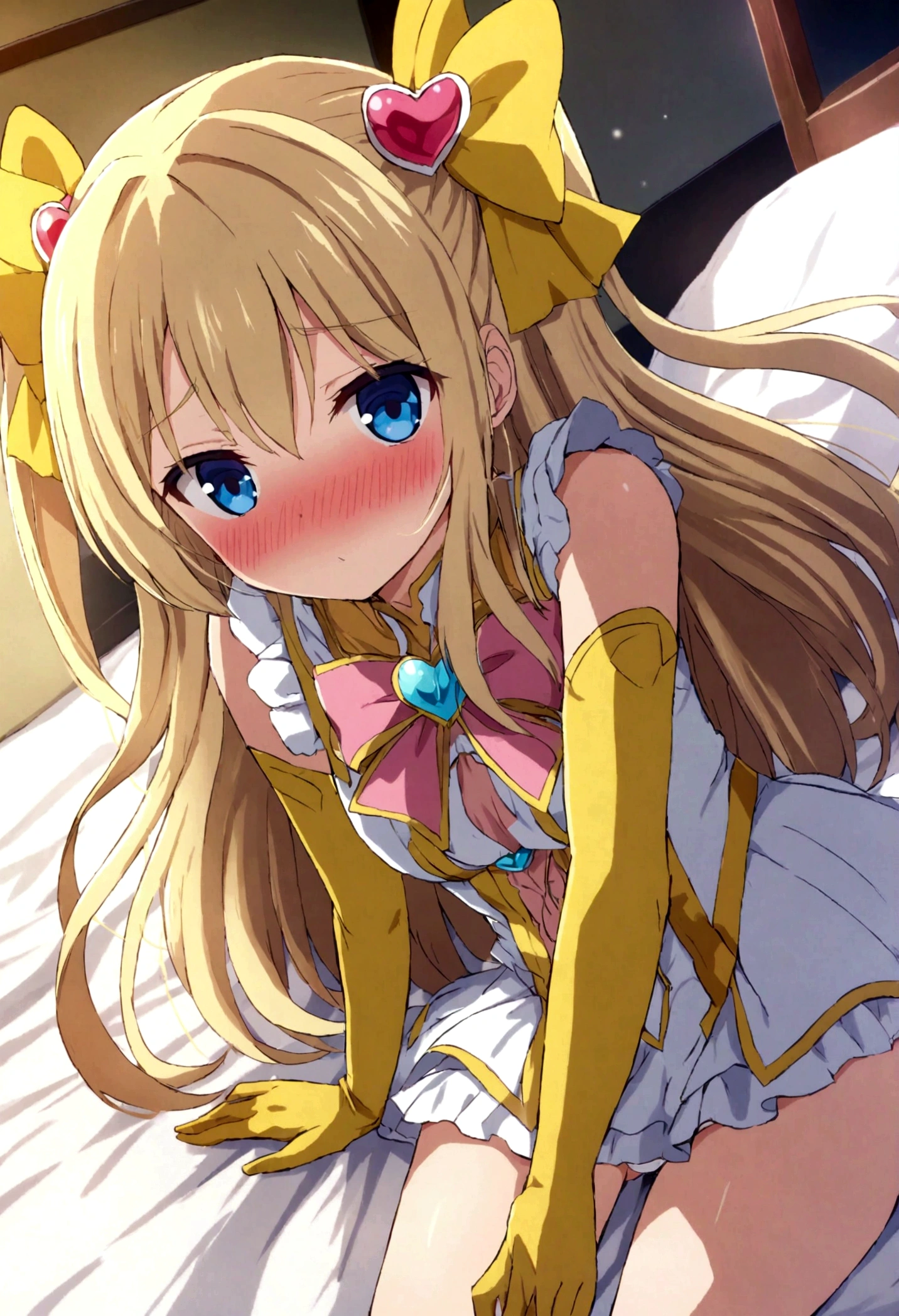 , source_anime, kaorukotenkawa, kaoruko tenkawa, long hair, blue eyes, blonde hair, bow, hair bow, yellow bow, gloves, dress, heart, elbow gloves, magical girl, yellow gloves, indoors, bed, bed room, on side, blush, drunk, looking at viewer, dutch angle, cowboy shot, white panties