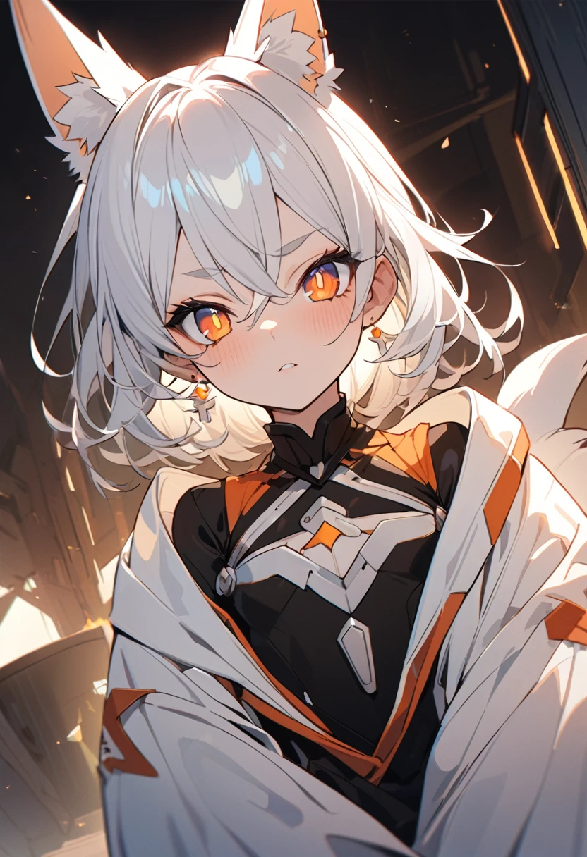 1女孩Ark of Tomorrow, Ark of Tomorrow, close up, angle, shorten, dark, darkbackground, masterpiece, best quality,Outstanding,Exquisite,cute,Heroic,Fox ears,White hair,Amber pupils,Loose clothes,平胸白毛Fox ears,cartoon,Lovely,White hair,,Bright Eyes,Students are innocent and profound,Slightly rounded face,Shota,12 years old,Plain robe,pupil,Have earrings,Cross your arms in front of your chest,The expression is like piety,最佳cartoon,详细的数位cartoon细节,详细的cartoon人物艺术
