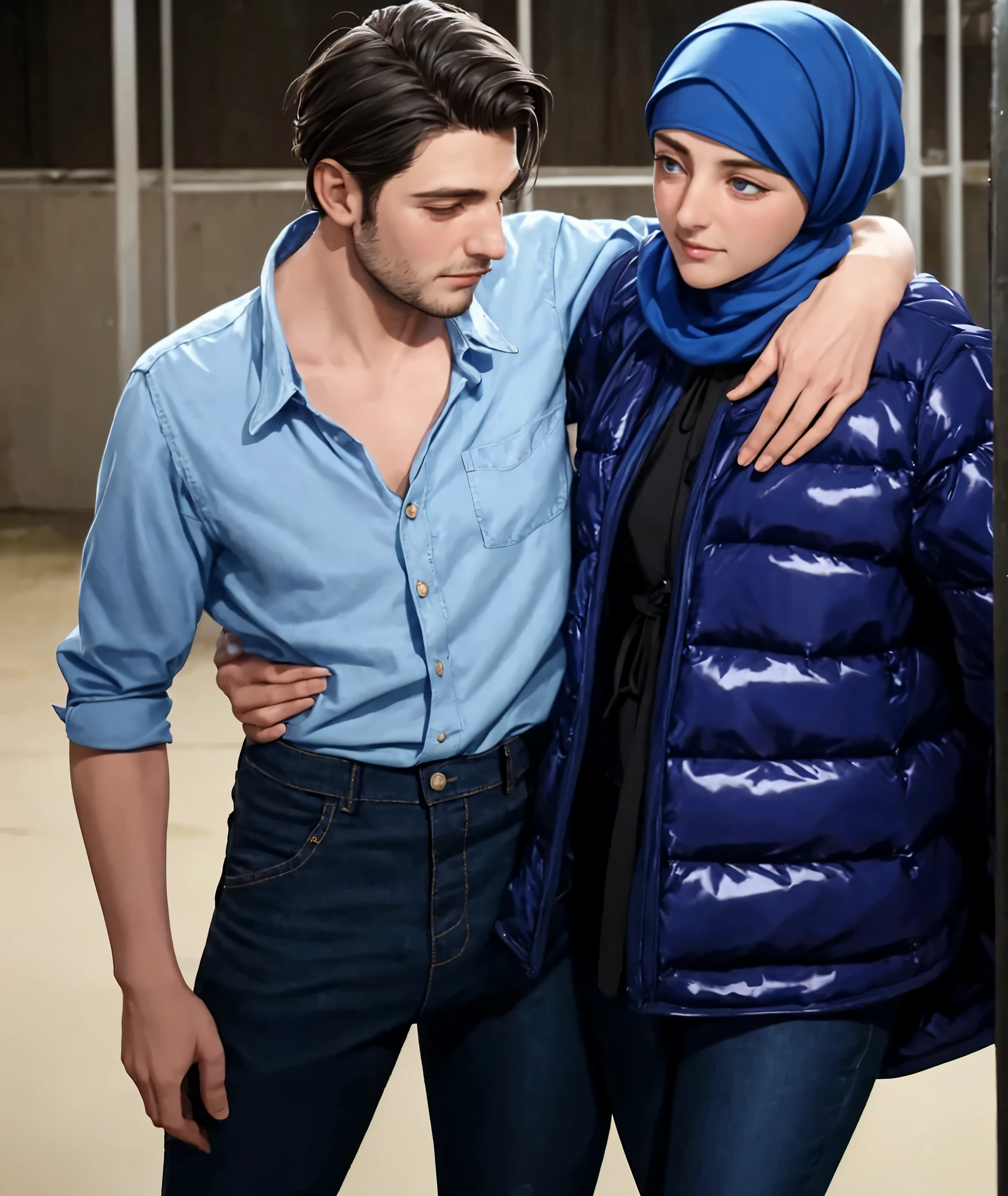 A young German man in a blue cotton shirt and jeans and a Syrian woman in a shiny plastic quilted coat and blue satin headscarf stand arm in arm in front of a refugee shelter, A German man in a cotton shirt and jeans is injured and is supported by a Syrian woman, A Syrian woman wearing a shiny plastic down coat supports an injured short-haired man, der nicht alleine gehen kann, A Syrian woman wearing a headscarf holds an injured short-haired man in her arms, Mitleid, Unfall, Verletzung, Erste Hilfe, Theater, ultra-realistisch, Foto