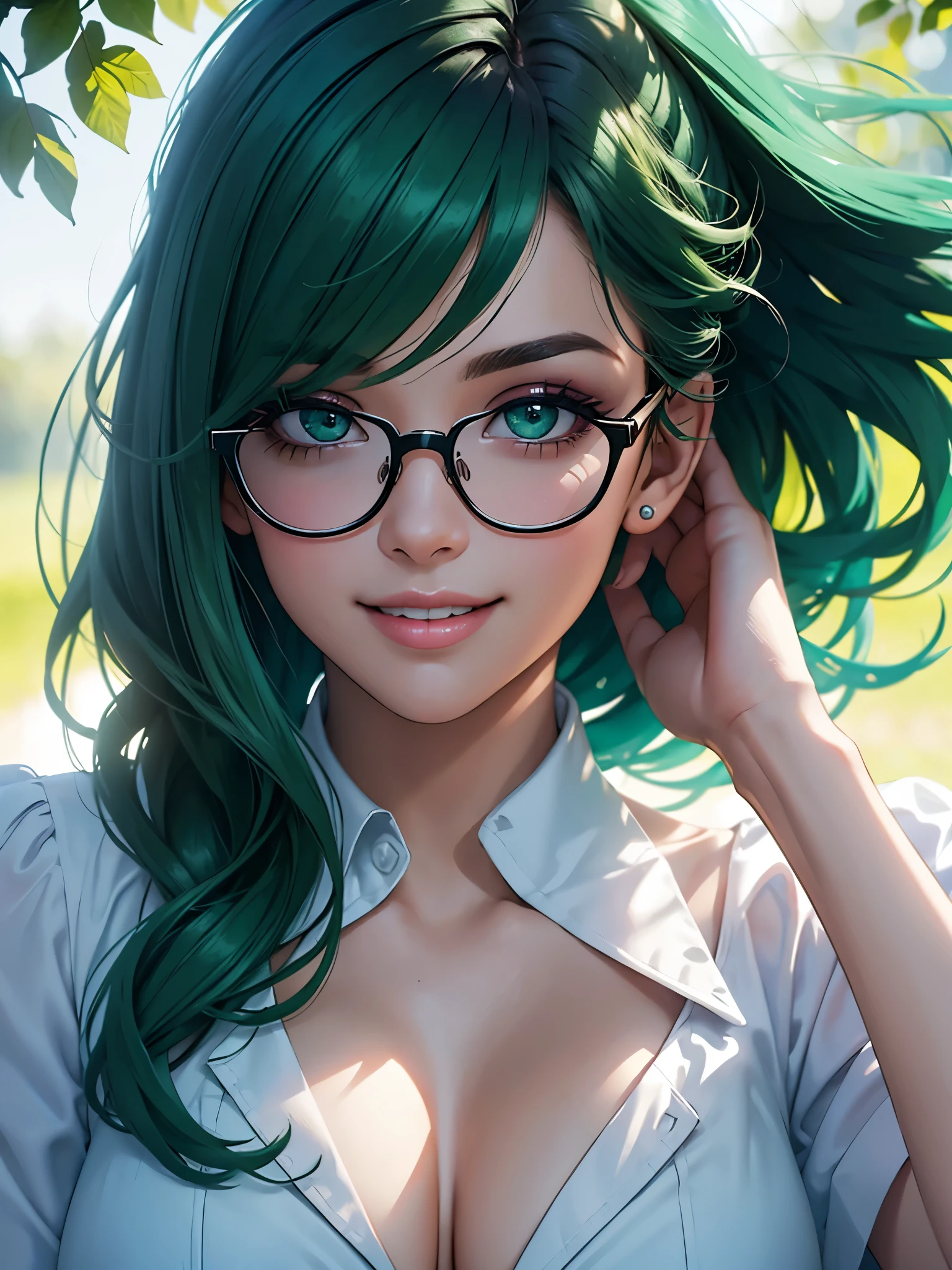 (best quality,ultra-detailed,photo-realistic:1.37, 8K),bright and vibrant colors,studio lighting,playful expression,stylish makeup,glasses, Business Dress,Green hair flowing in the wind,alluring eyes,glossy lips,sexy pose, smiling in a confident and seductive way,posing for a professional photoshoot,in a professional environment,shallow depth of field,highlighting the main subject,soft natural lighting,bust framing,creating a dreamy and magical atmosphere.