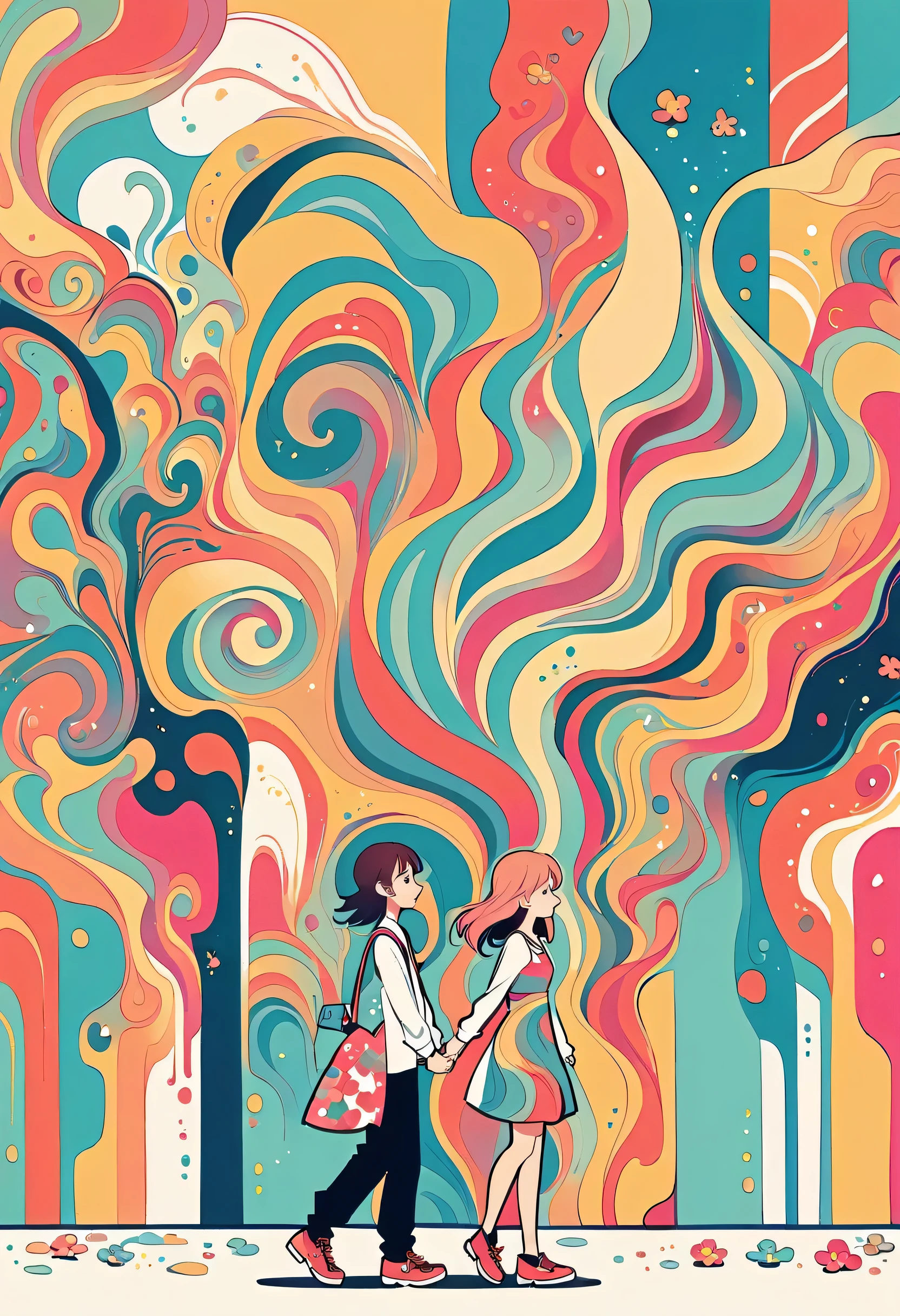 Takashi Murakami style, Standing in front of a high wall,Simple Line Initialism,Abstract art,Urban Background, (((The most beautiful girl))), Lips in Love, walking, colorful flowers