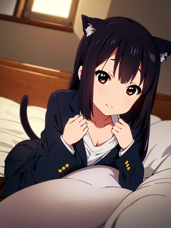 1girl, (((​masterpiece))),(((full body))), wallpaper HD, top-quality, top-quality, High Details, nakano azusa, 1girl, Sakuragaoka High , student clothes, black cat ear, (((black cat ear))), Twin-tailed, length hair, A dark-haired, brown-eyed, solo, reddish, Dark blue blazer with thin red ribbon, Solid white buttoned shirt under blazer, sleep on the bed, illustratio, comic strip, soothing tones, Subdued Color, Soft cinematic light, adobe lightroom, photolab, HDR, intricately and hyper-detailed、(((depth of fields))))。(((​masterpiece)))。(((top-quality))).)((ultra-detailliert)))。(((illustratio)))。(((takeout))).dynamic focus.big breasts.(((home))).(((A bedroom))).(((Face of happiness))). open smile mouth.(((up chest))).((morning glow)).((the setting sun)).