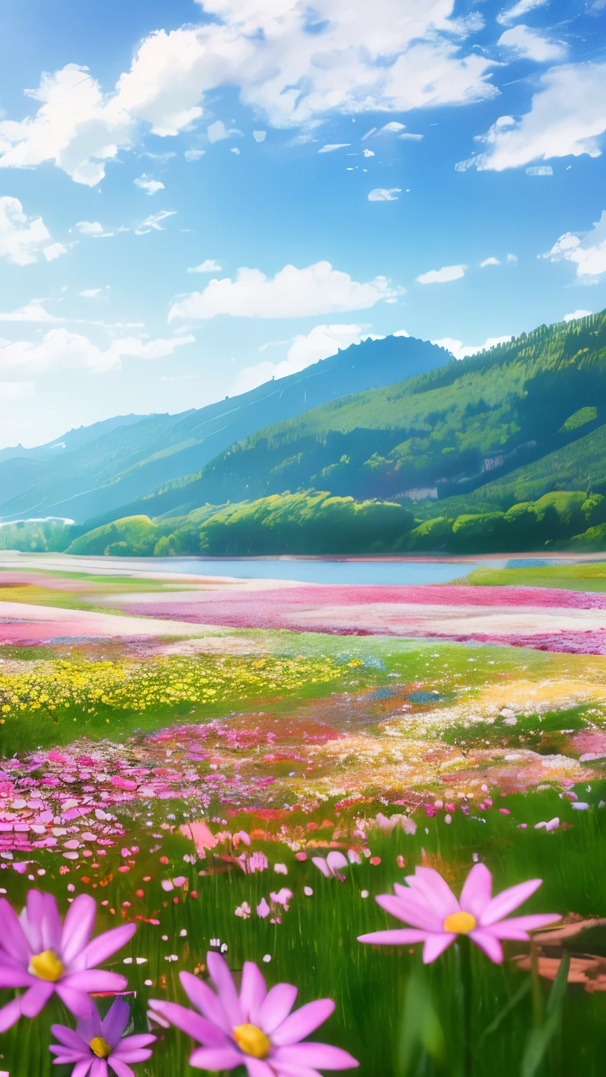 Sunny day landscape images, Only landscapes with flowers, Flower Field, unmanned, There are no animals, Lively and childlike, Art Style, comics, artistic, Soft color palette, As if blown by the wind々Various kinds of flowers, Luminance, Magical Pictures, Soft lighting, Light background, Realistic photos, Very detailed, 4K, High resolution, Ultra-thin Sharp,  high quality, Individuality, Beautiful colors, 3D Rendering,  