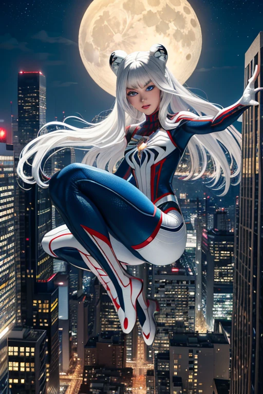 (Masterpiece, 4k resolution, ultra-realistic, very detailed), (White superhero theme, charismatic, there's a girl on top of town, wearing Spider-Man costume, she's a superhero), [ ((25 years), (long white hair:1.2), full body, (blue eyes:1.2), ((Spider-Man pose),show of strength, jumping from one building to another), ((sandy urban environment):0.8)| (cityscape, at night, dynamic lights), (full moon))] # Explanation: The Prompt mainly describes a 4K painting of ultra-high definition, very realistic, very detailed. It shows a superheroine at the top of the city, wearing a Spider-Man costume. The theme in the painting is a white superhero theme, the female protagonist has long white hair, is 25 years old and her entire body is shown in the painting. In terms of portraying the actions of superheroines, spiders are employed