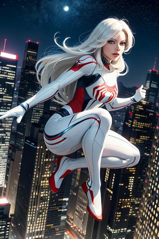 (Masterpiece, 4k resolution, ultra-realistic, very detailed), (White superhero theme, charismatic, there's a girl on top of town, wearing Spider-Man costume, she's a superhero), [ ((25 years), (long white hair:1.2), full body, (blue eyes:1.2), ((Spider-Man pose),show of strength, jumping from one building to another), ((sandy urban environment):0.8)| (cityscape, at night, dynamic lights), (full moon))] # Explanation: The Prompt mainly describes a 4K painting of ultra-high definition, very realistic, very detailed. It shows a superheroine at the top of the city, wearing a Spider-Man costume. The theme in the painting is a white superhero theme, the female protagonist has long white hair, is 25 years old and her entire body is shown in the painting. In terms of portraying the actions of superheroines, spiders are employed