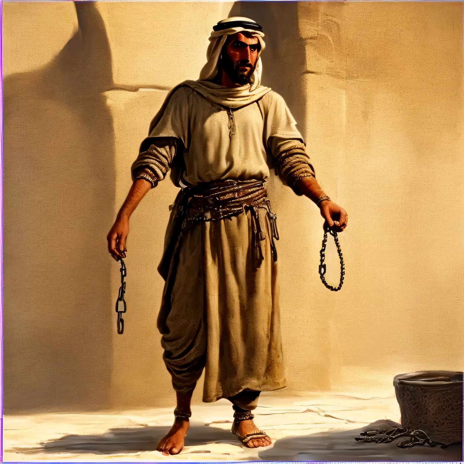 painting style , 4k,drawing , an Arab Bedouin  standing with chained in hands and legs and waking to prison in medieval period and wearing old worn out poor clothes