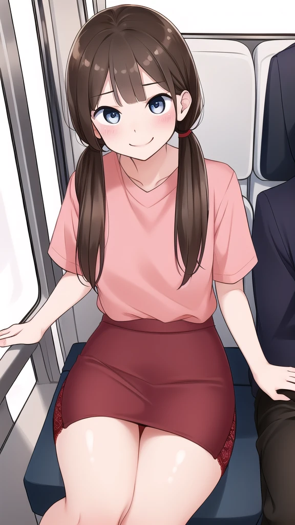 masterpiece, highest quality, Absurd, Perfect Anatomy, Beautiful background, Beautiful Face, Beautiful Eyes, Beautiful body, １people々々 girl,(Noodles)、from the front、Portraiture、 Twin tails、Brown Hair,blush、smile、Office Lady、Unbutton a short-sleeved shirt、Summer clothes、Sitting on a train seat、(Spread your legs)、Hurrah!、Grey pencil skirt、Tight Skirt、Red lace panties、Lace bra、pumps