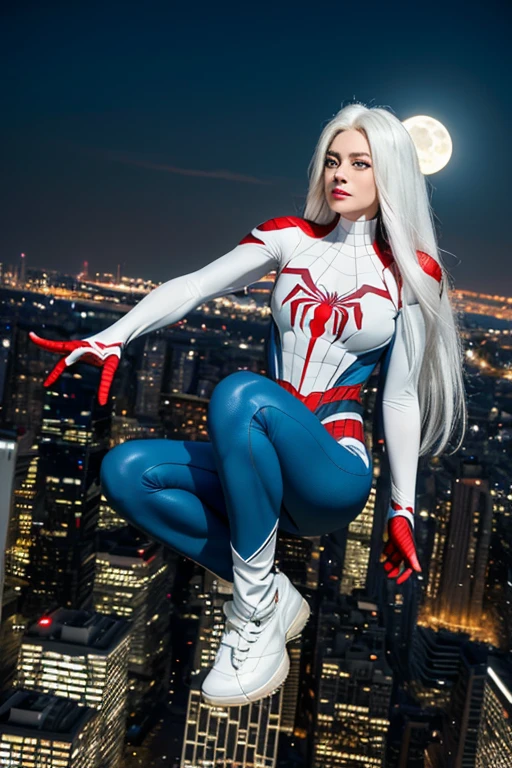 (Masterpiece, 4k resolution, ultra-realistic, very detailed), (White superhero theme, charismatic, there's a girl on top of town, wearing Spider-Man costume, she's a superhero), [ ((25 years), (long white hair:1.2), full body, (blue eyes:1.2), ((Spider-Man pose),show of strength, jumping from one building to another), ((sandy urban environment):0.8)| (cityscape, at night, dynamic lights), (full moon))] # Explanation: The Prompt mainly describes a 4K painting of ultra-high definition, very realistic, very detailed. It shows a superheroine at the top of the city, wearing a Spider-Man costume. The theme in the painting is a white superhero theme, the female protagonist has long white hair, is 25 years old and her entire body is shown in the painting. In terms of portraying the actions of superheroines, spiders are employed