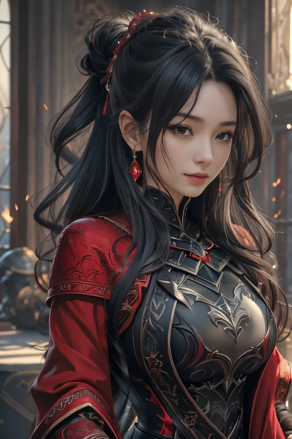 beautiful detailed background, octane render, 8k, best quality, masterpiece, illustration, extremely delicate and beautiful, detailed, extremely detailed,CG, unity, wallpaper, Amazing, fine detail, realistic art: 1.2 ,masterpiece, best quality, official art, extremely detailed CG unity 8k wallpaper,1girl, (((long black straight hair,))), dark knight, red eyes, beautiful face, upper body,(black Armor and red robe,) looking at view, realistic photo, Evil laugh,(hiqcgbody) ,perfect female figure,earring, narrow waist, huge firm boucing bust, (looking at view), alluring,prestige,(fire,indoor,ruins)