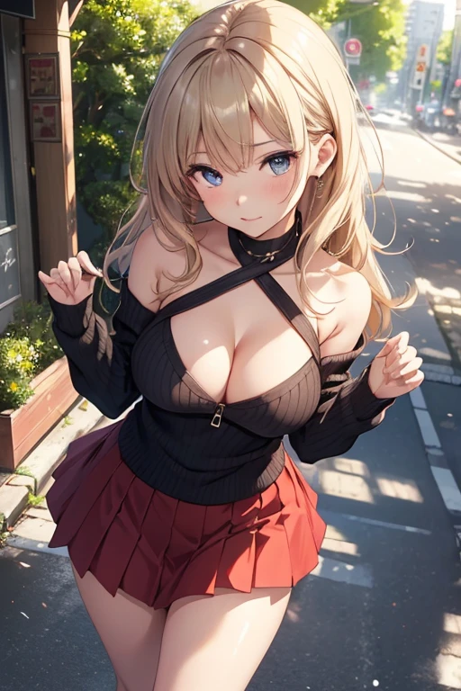 finely detail, hight resolution, hightquality、Perfect dynamic composition, Beautiful detailed eyes, Medium Hair, small tits、Natural Color Lip,Kamimei、Shibuya、20 years girl、1 persons、Transparent skin、Glowing hair、masutepiece, Best Quality, Ultra-detailed, finely detail, hight resolution, 8K、The correct state of the human body、Gravure Model Pose,Photographed with hair fluttering in the wind,The whole body is reflected((nature cafe background)),((Colossal tits:1.3)),((I can see the cleavage:1.5,large off-shoulder knit sweater:1.5,My clothes are off and my shoulders are visible,Without shoulder straps,pleatedskirt)),((stretch your hands and lean forward,thigh visible)),((Angle looking down from above))